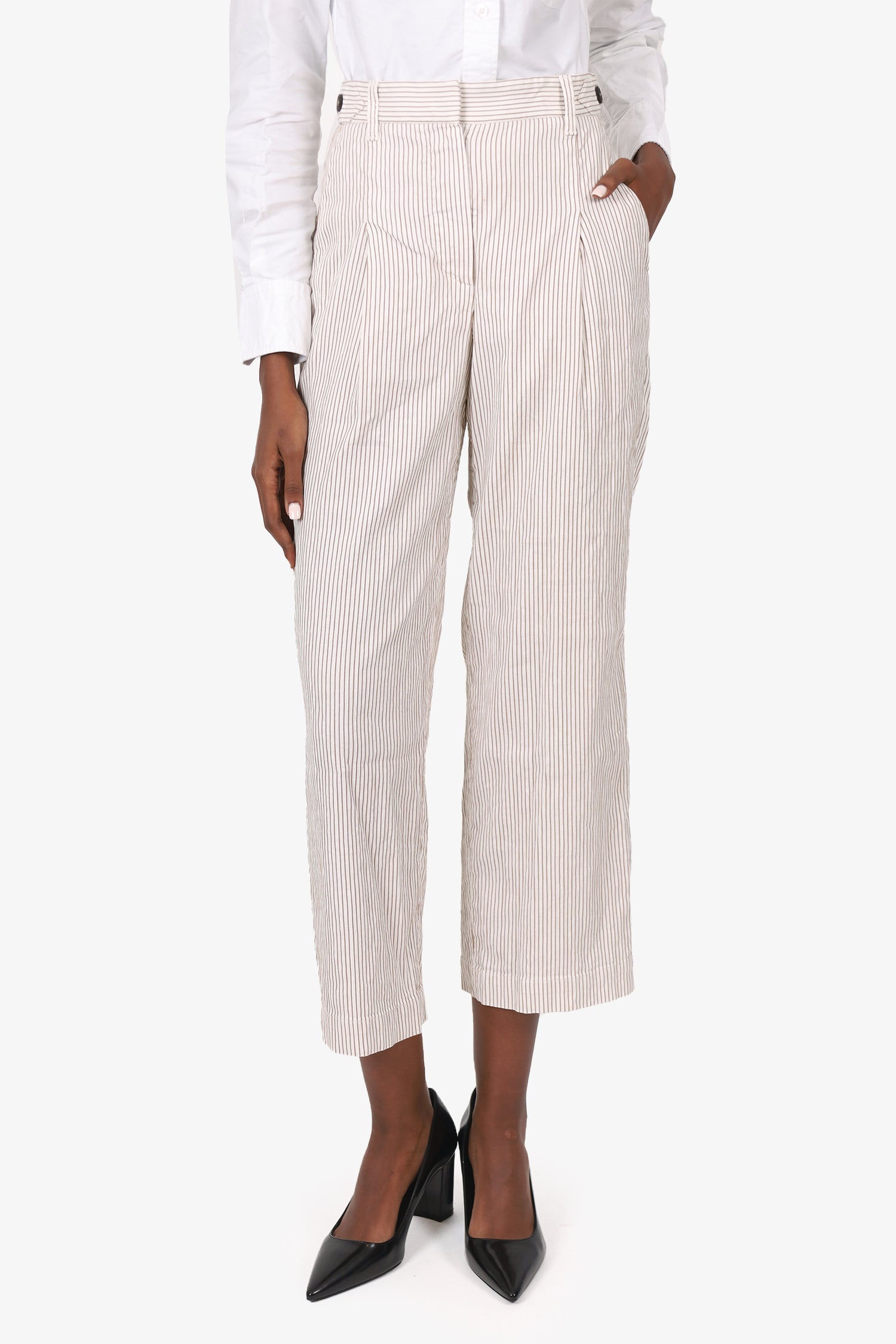 Brunello Cucinelli Cream/Brown Stripped High Waisted Trousers Size 2