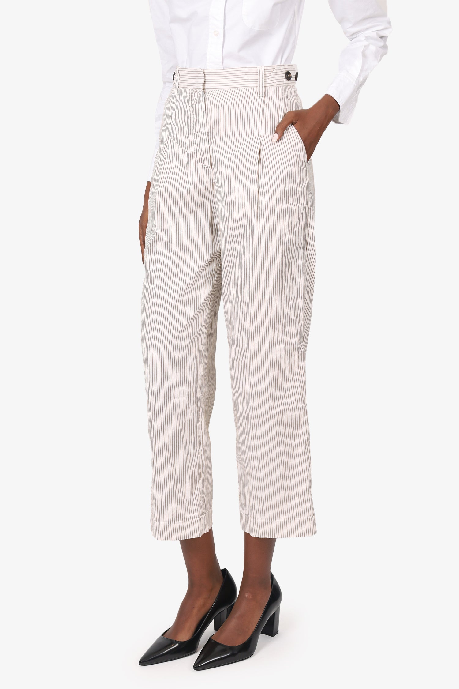 Brunello Cucinelli Cream/Brown Stripped High Waisted Trousers Size 2