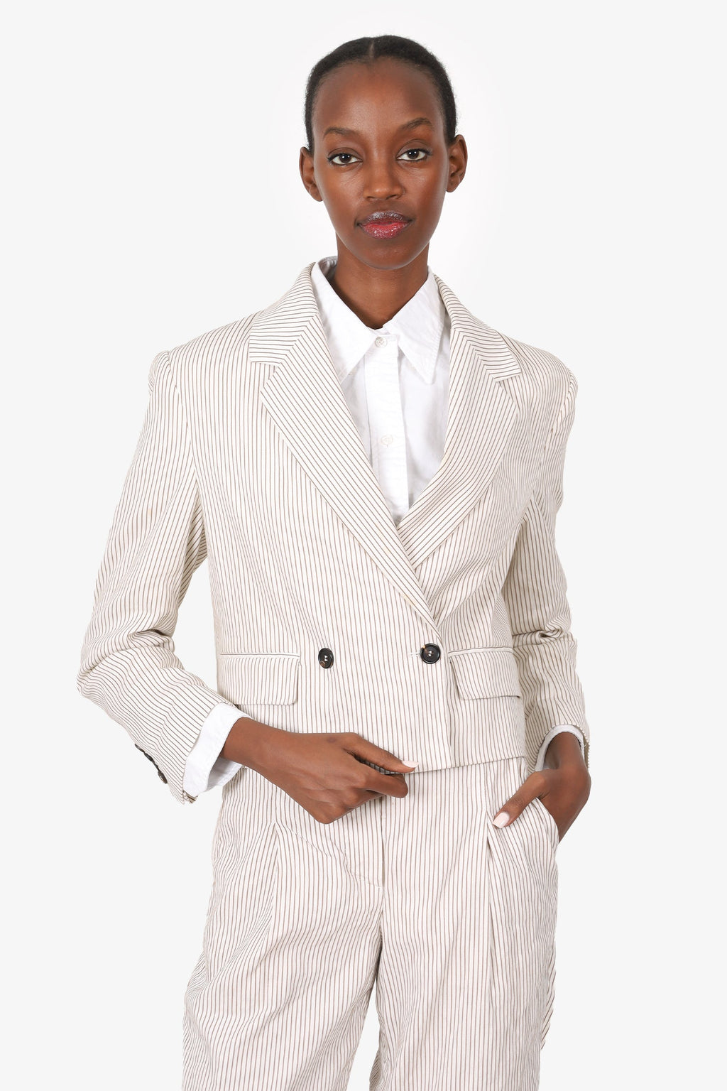Brunello Cucinelli Cream/Brown Linen Stripped Cropped Double Breasted Blazer Size 38
