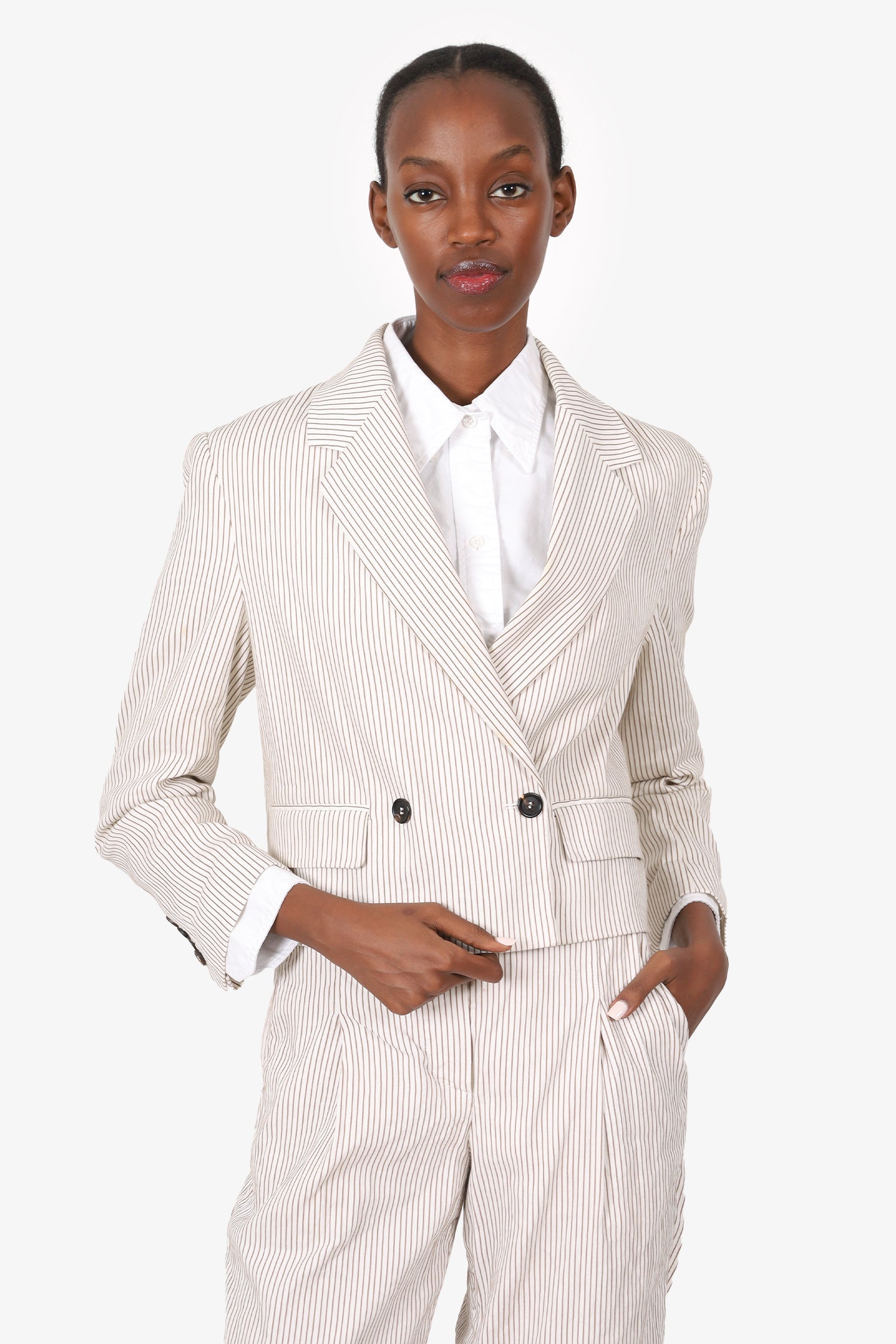 Brunello Cucinelli Cream/Brown Linen Stripped Cropped Double Breasted Blazer Size 38