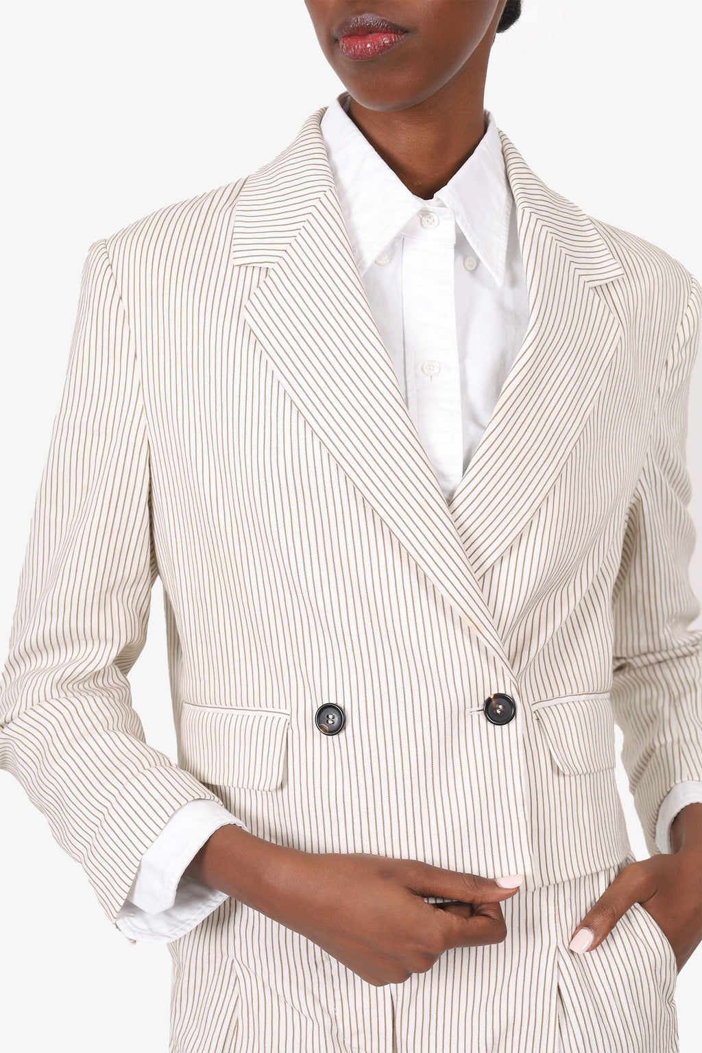 Brunello Cucinelli Cream/Brown Linen Stripped Cropped Double Breasted Blazer Size 38
