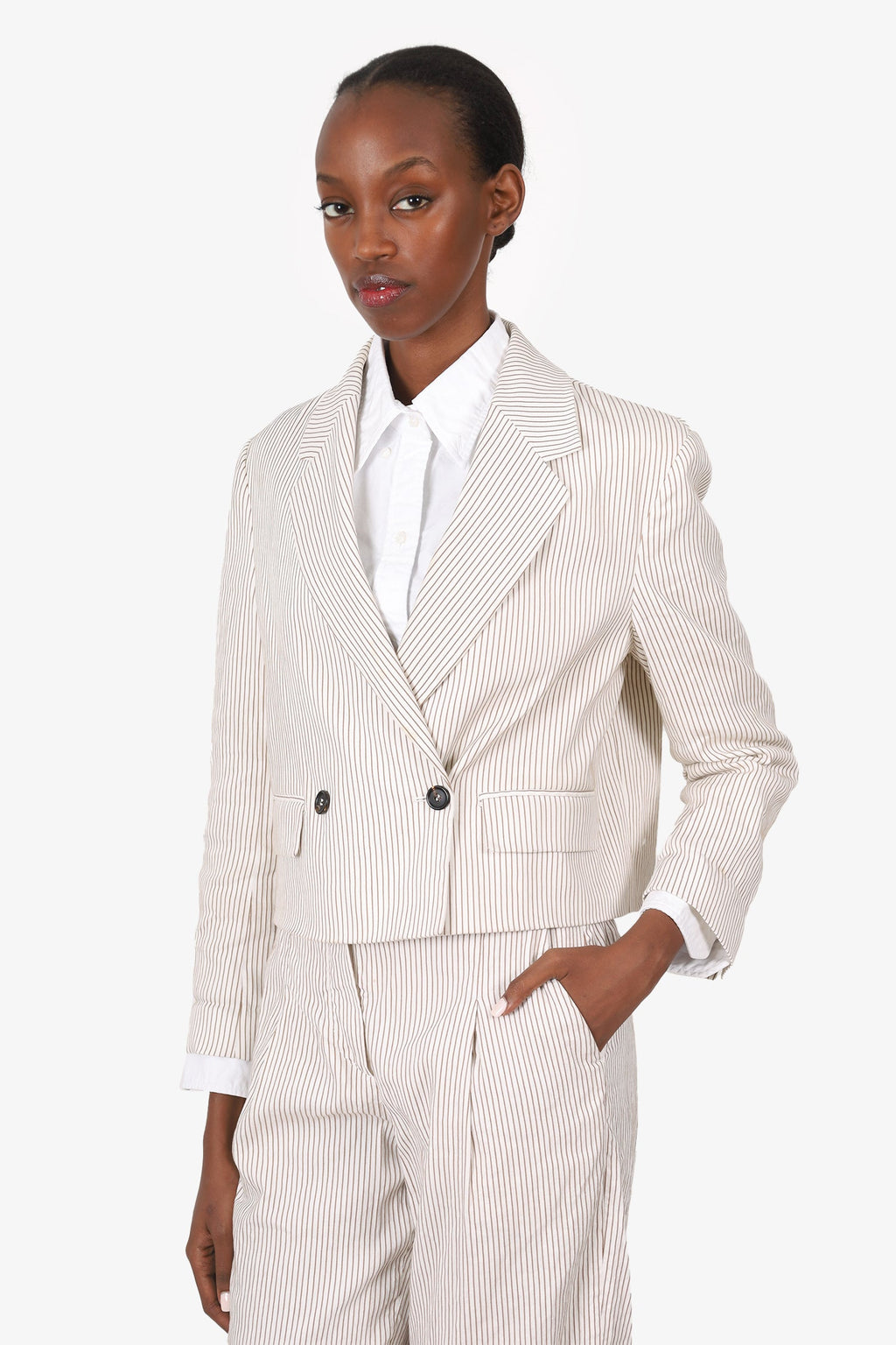 Brunello Cucinelli Cream/Brown Linen Stripped Cropped Double Breasted Blazer Size 38