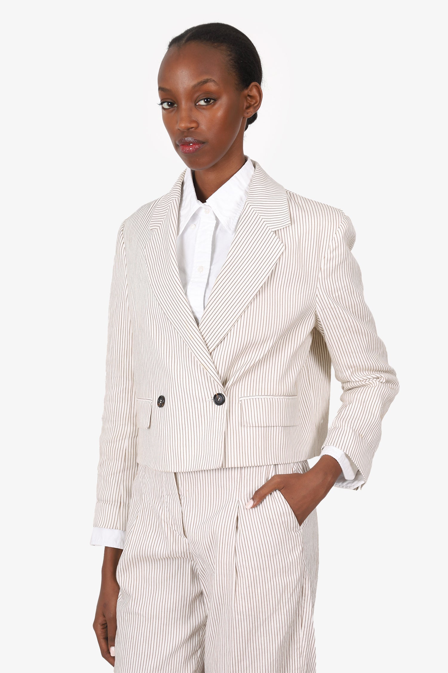 Brunello Cucinelli Cream/Brown Linen Stripped Cropped Double Breasted Blazer Size 38