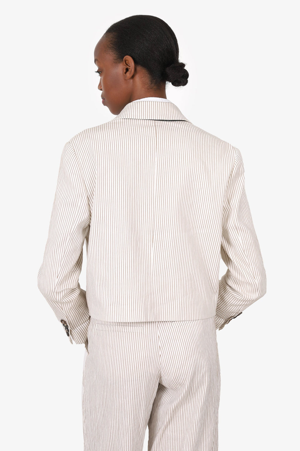 Brunello Cucinelli Cream/Brown Linen Stripped Cropped Double Breasted Blazer Size 38