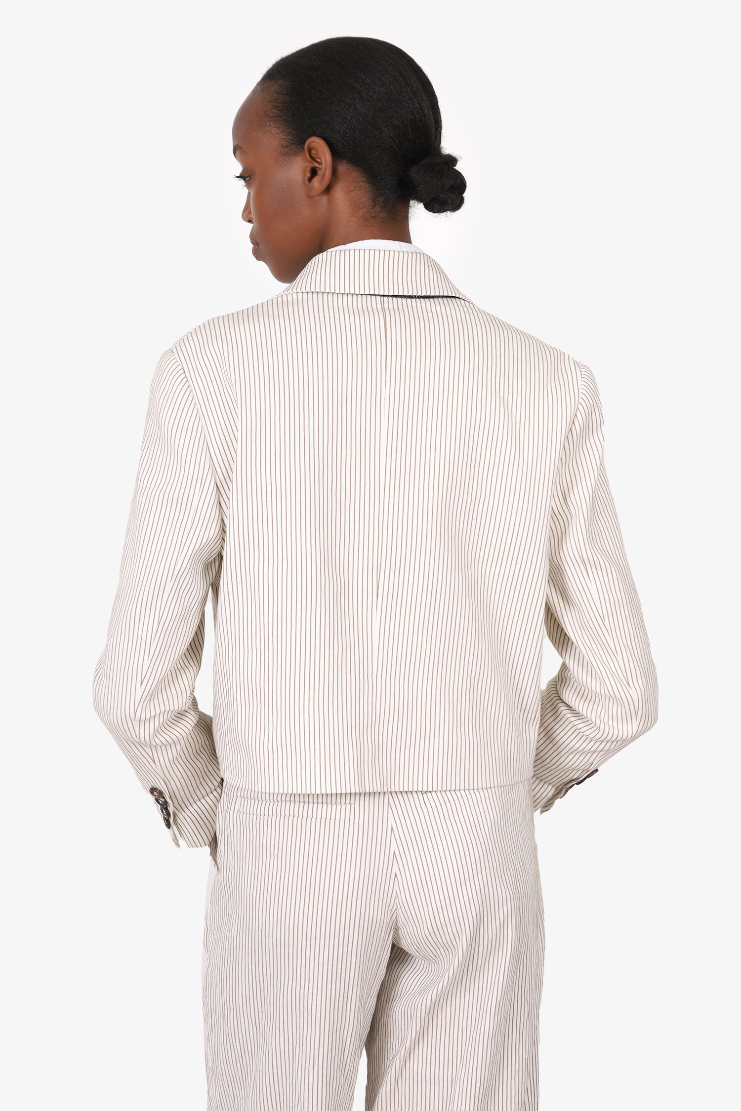 Brunello Cucinelli Cream/Brown Linen Stripped Cropped Double Breasted Blazer Size 38