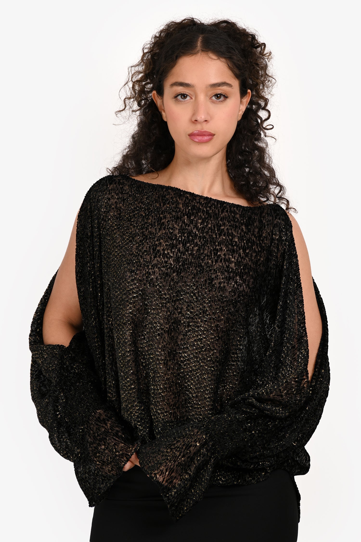 Nili Lotan Black/Gold Open Shoulder Bell Sleeve Top Size S