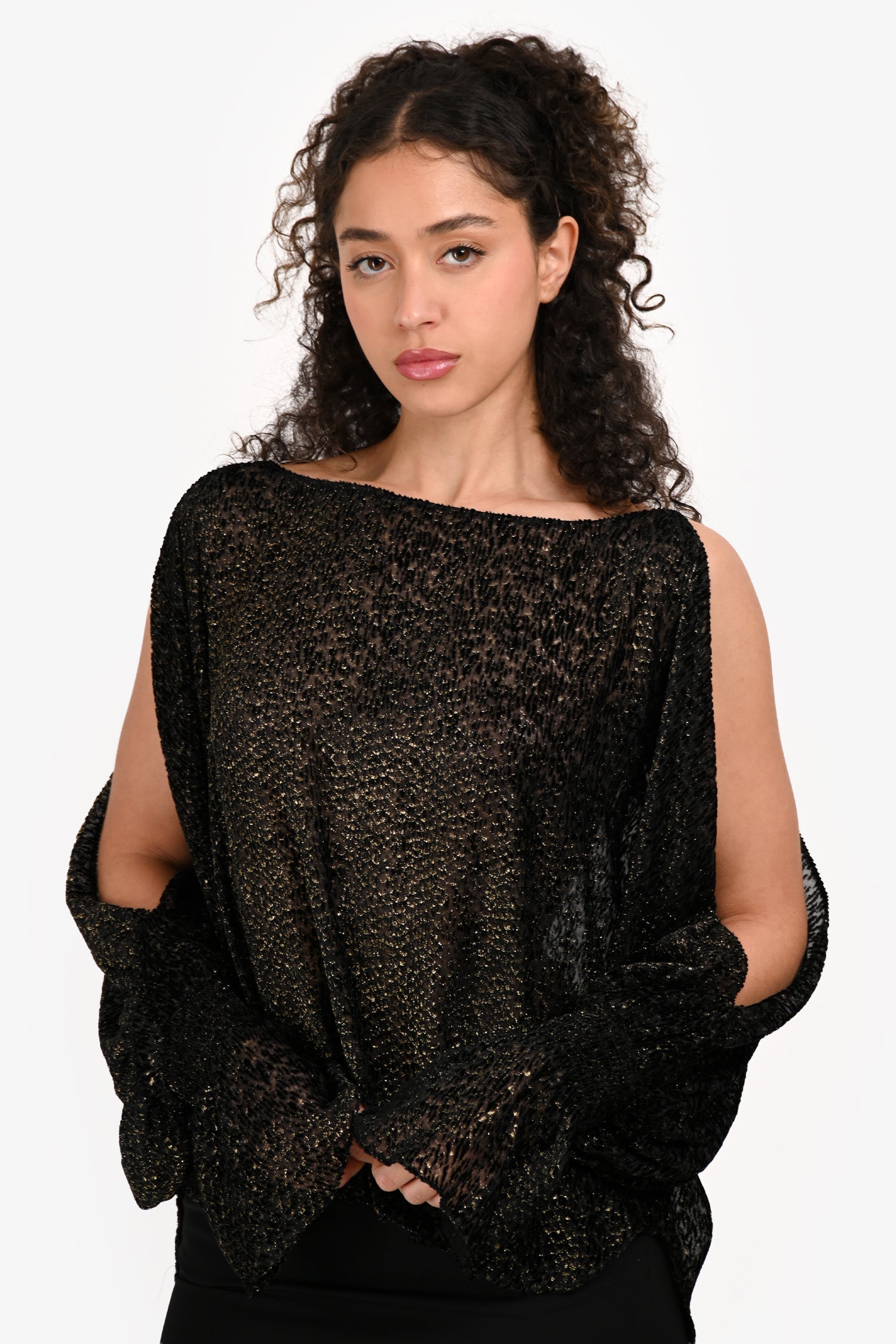 Nili Lotan Black/Gold Open Shoulder Bell Sleeve Top Size S