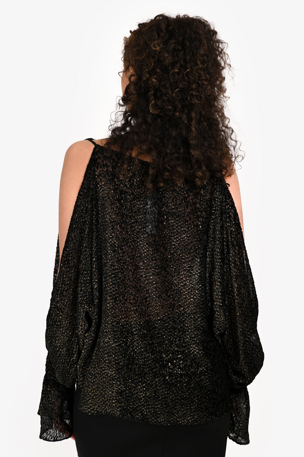 Nili Lotan Black/Gold Open Shoulder Bell Sleeve Top Size S
