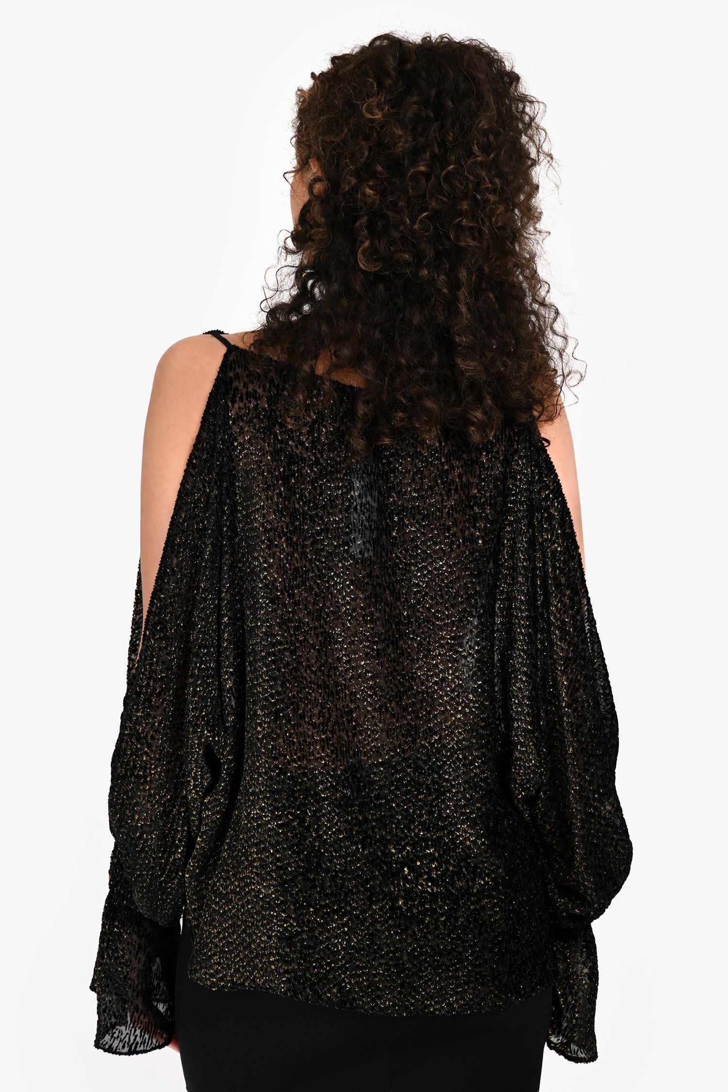 Nili Lotan Black/Gold Open Shoulder Bell Sleeve Top Size S