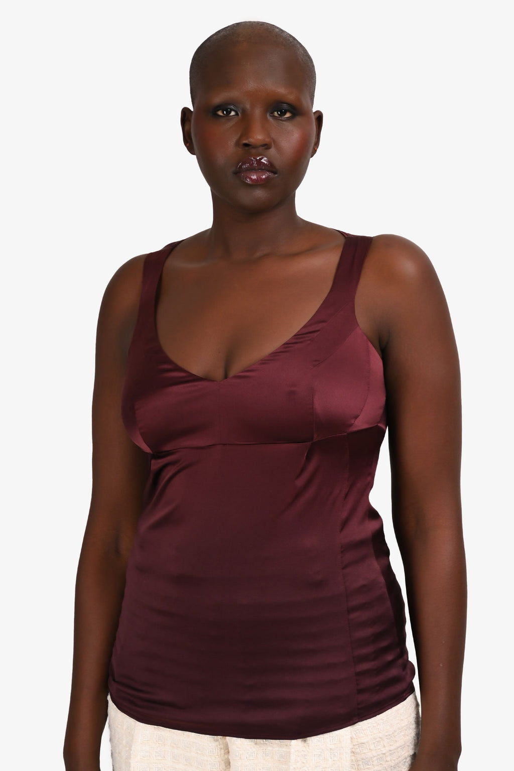 Brunello Cucinelli Burgundy Silk Sleeveless V-Neck Top Size M