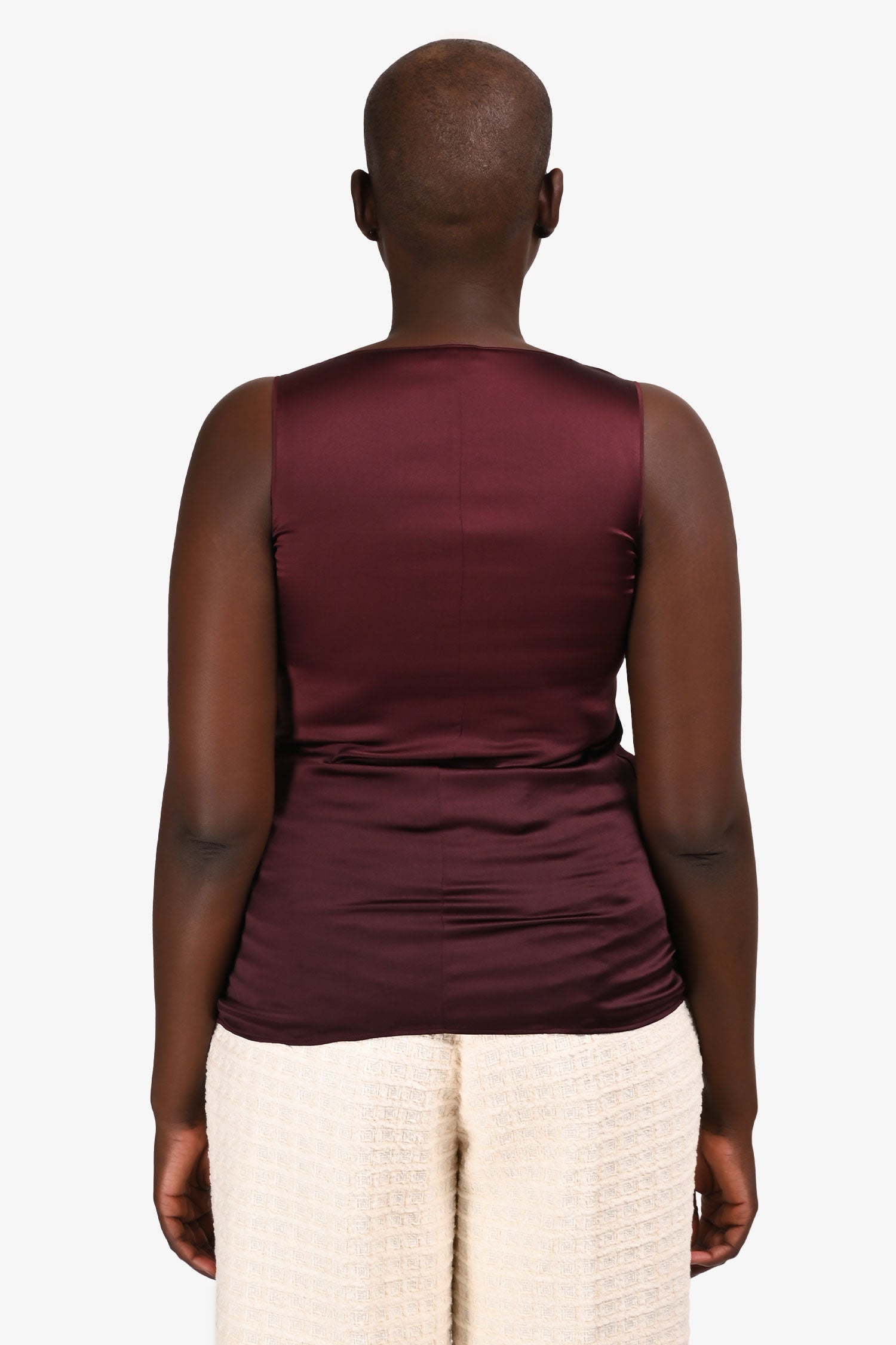 Brunello Cucinelli Burgundy Silk Sleeveless V-Neck Top Size M