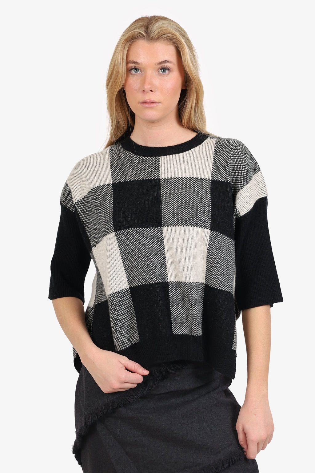 Stella McCartney Black/White Plaid Wool Open Side Sweater Size 40