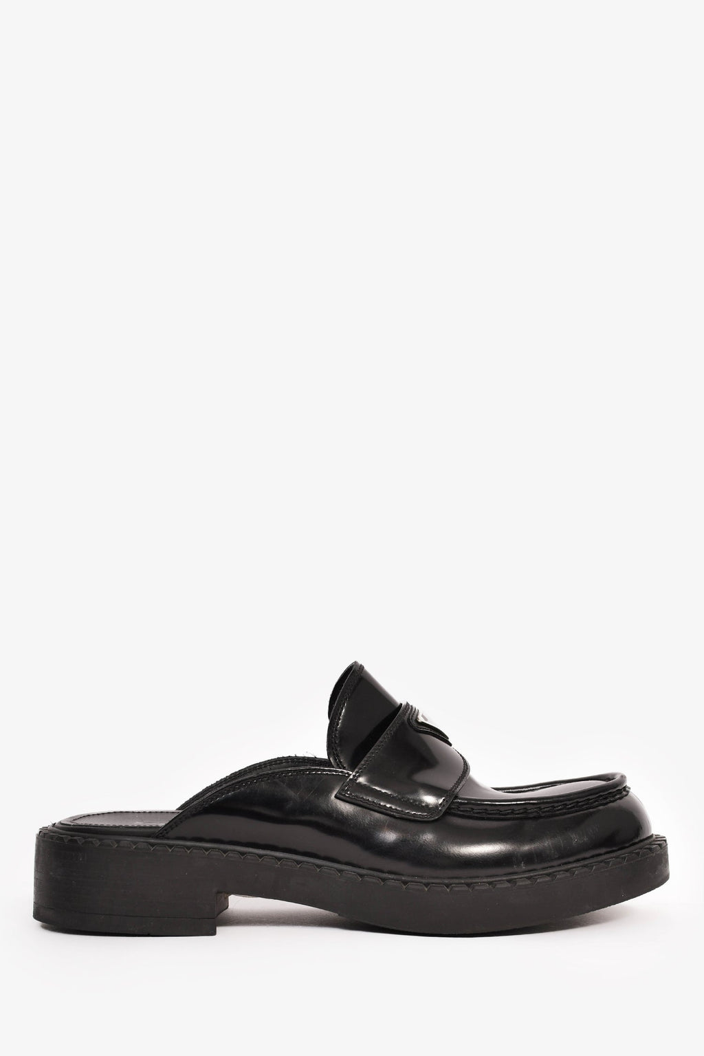 Prada Black Brushed Leather Plaque Mule Loafers Size 6 Mens