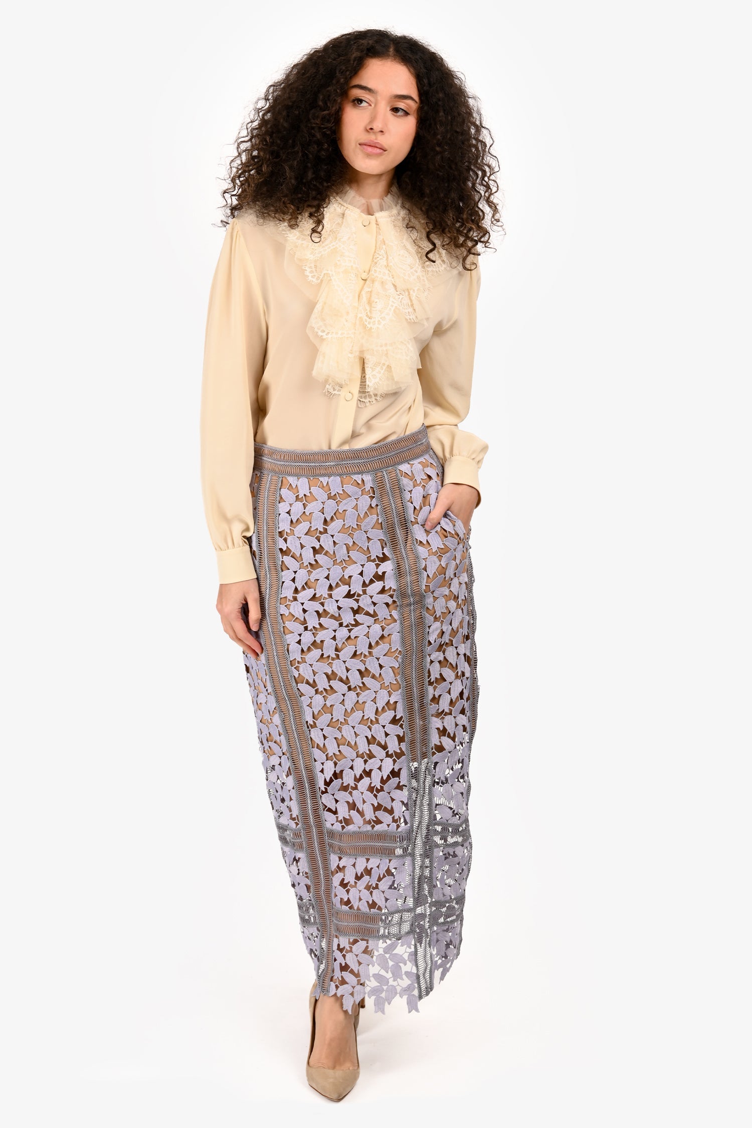 Self-Portrait Blue/Tan Embroidered Floral Maxi Skirt Size 6