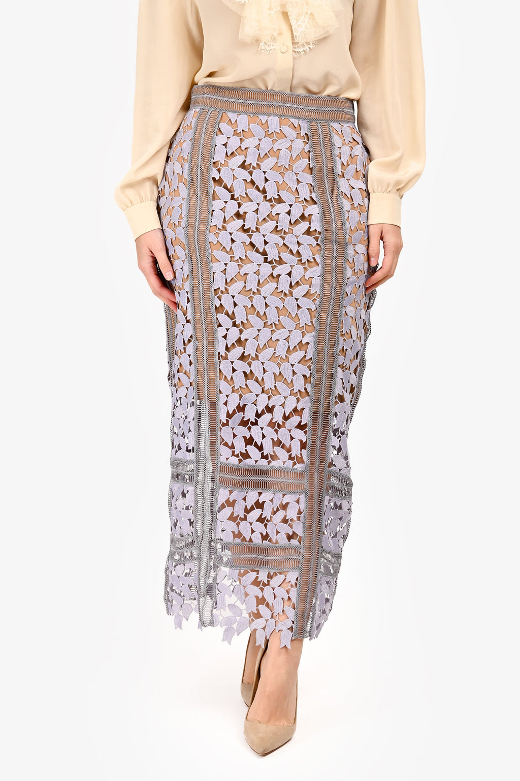 Self-Portrait Blue/Tan Embroidered Floral Maxi Skirt Size 6