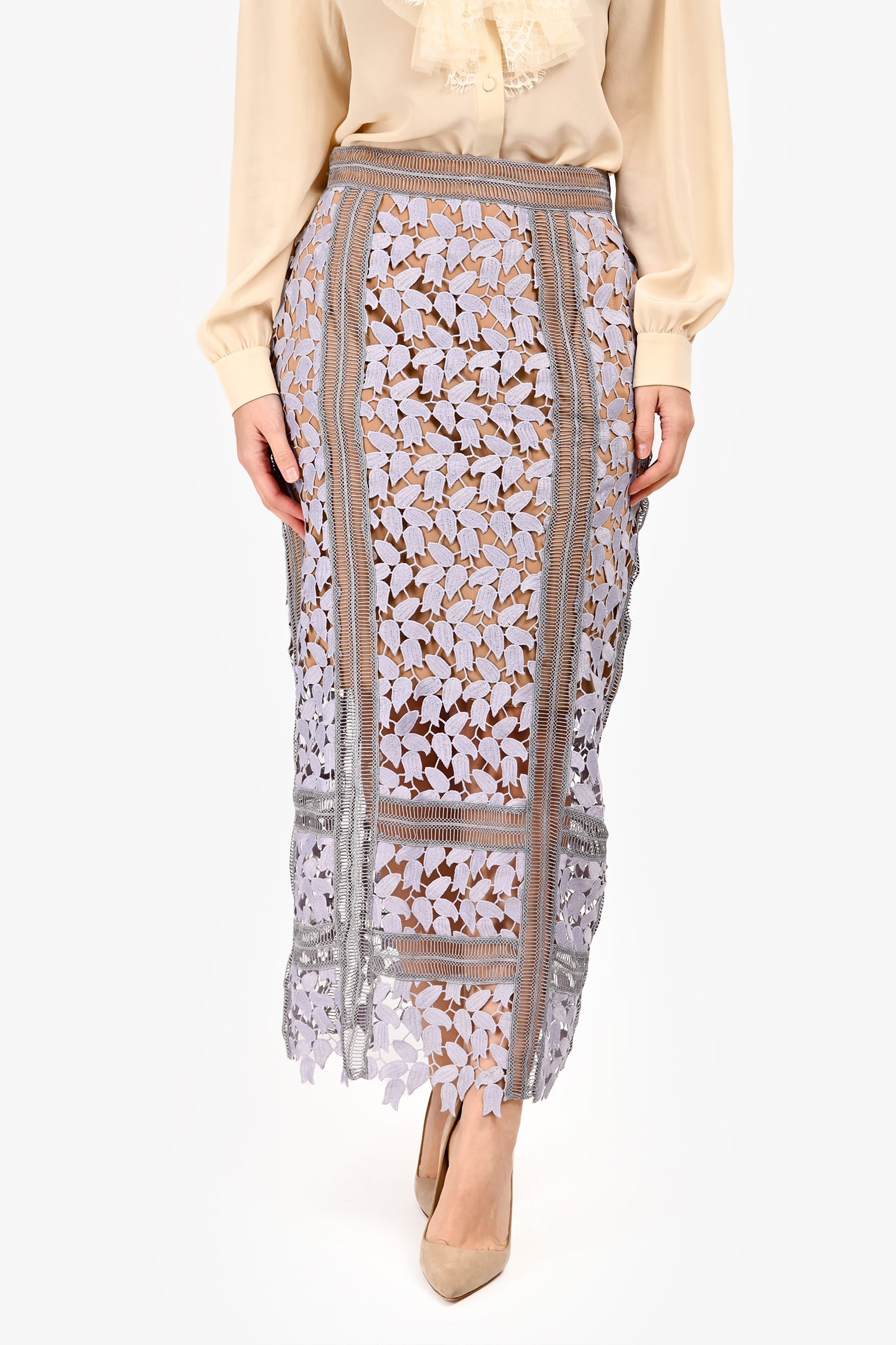 Self-Portrait Blue/Tan Embroidered Floral Maxi Skirt Size 6