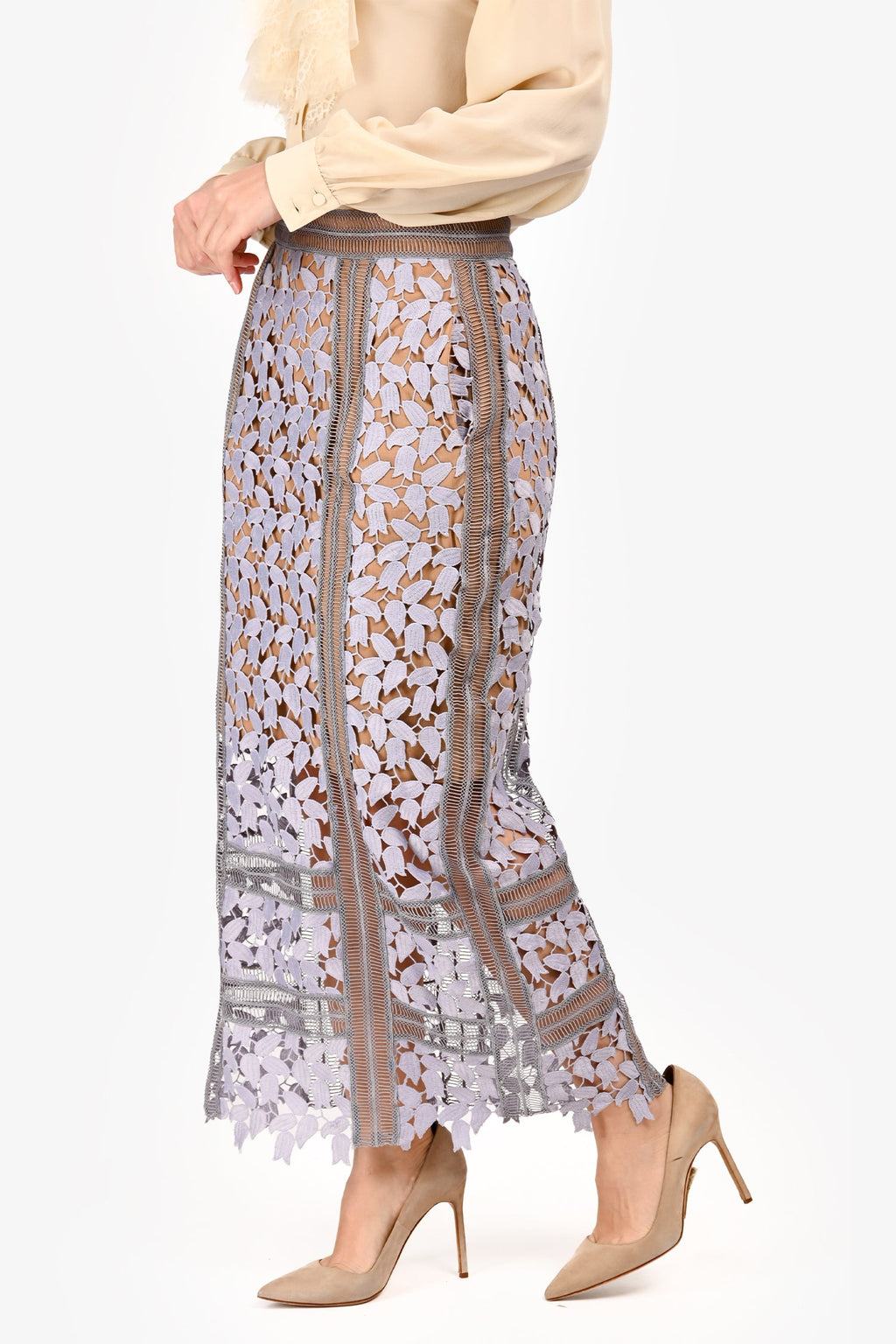 Self-Portrait Blue/Tan Embroidered Floral Maxi Skirt Size 6