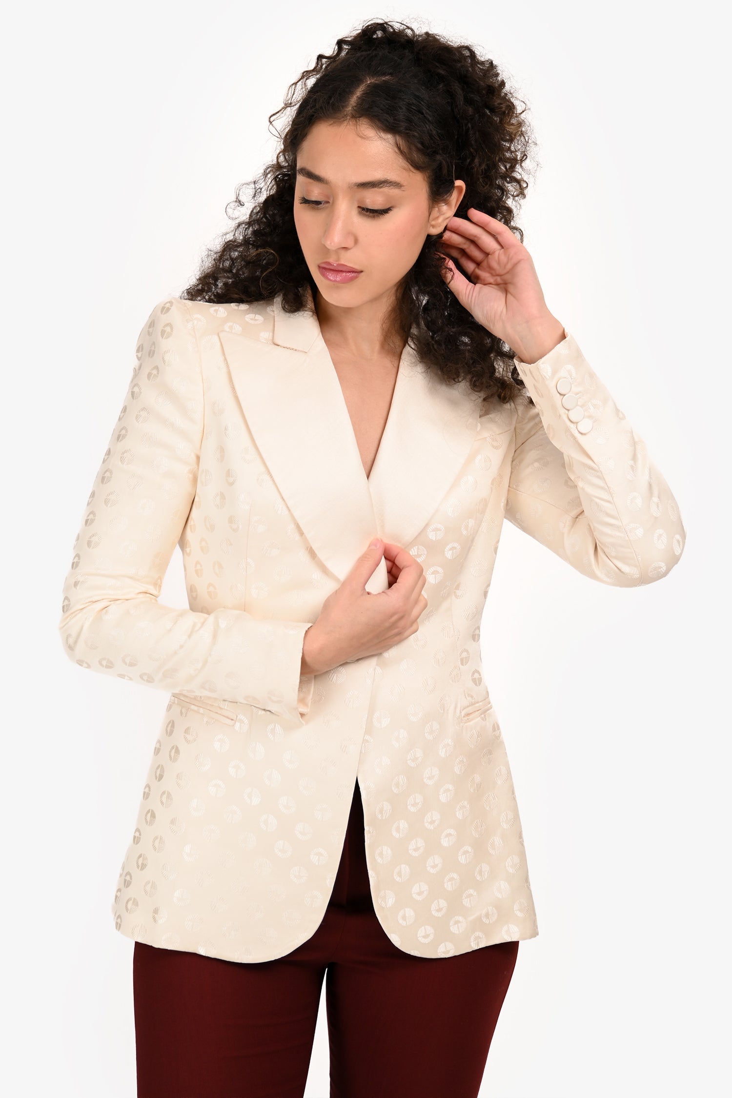 Alexander McQueen White Silk Patterned Single Breasted Blazer Size 40