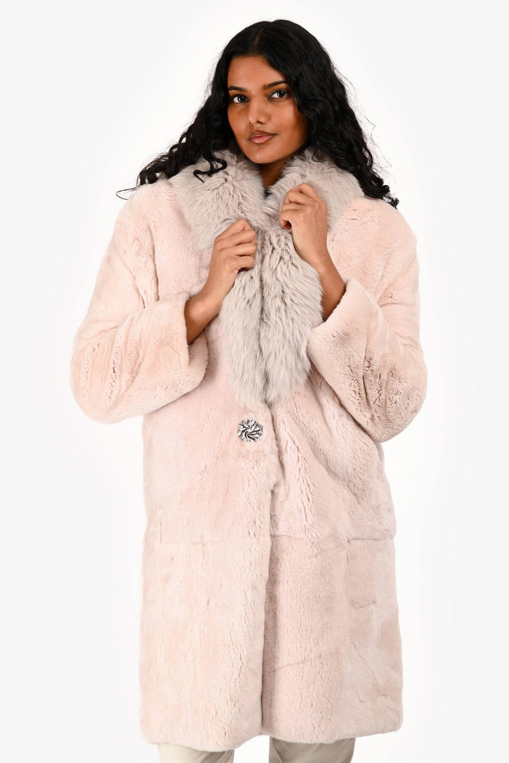 Miu Miu 2015 Pink Rabbit Fur Grey Fox Collared Coat Size 40