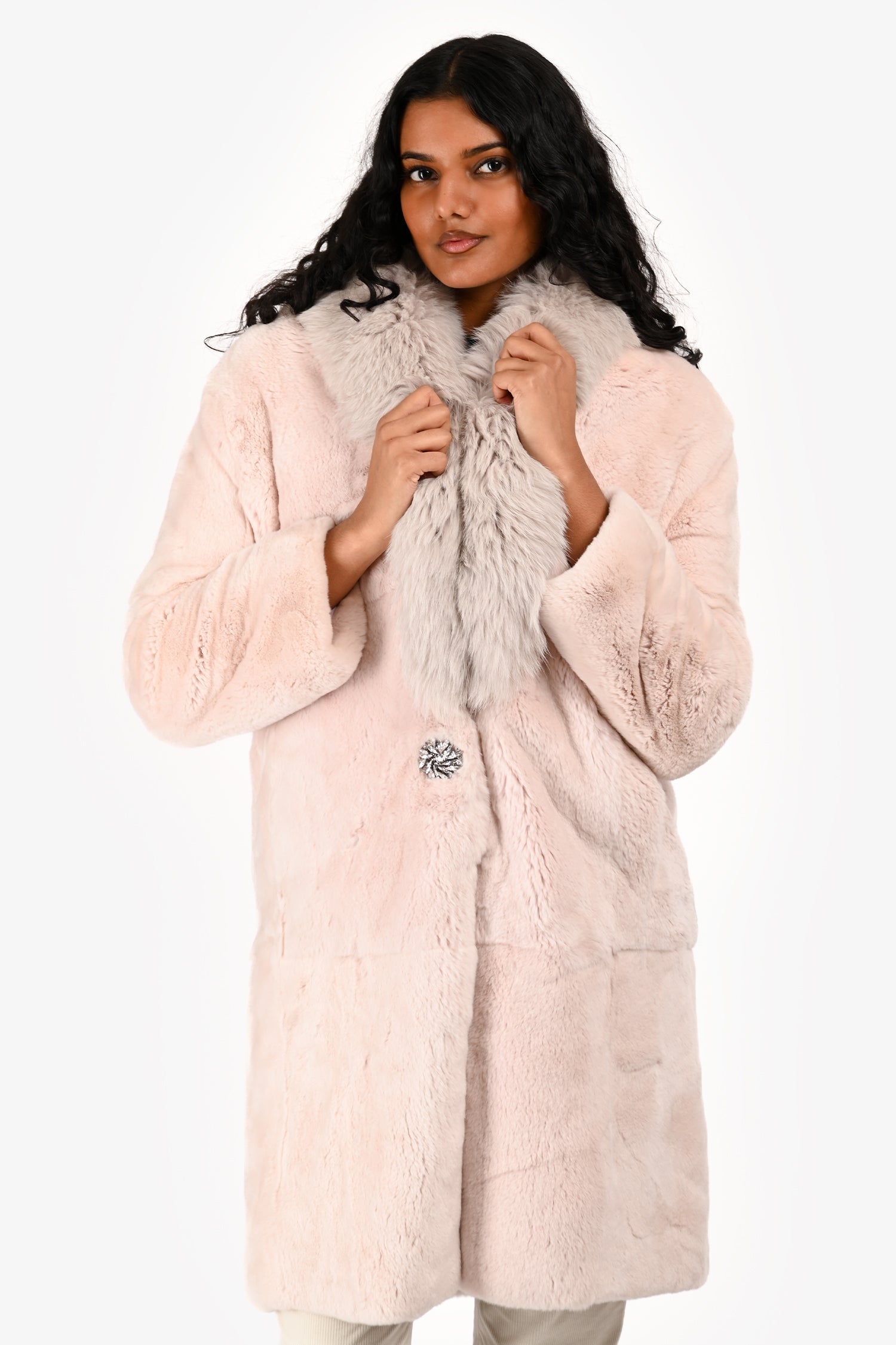 Miu Miu 2015 Pink Rabbit Fur Grey Fox Collared Coat Size 40
