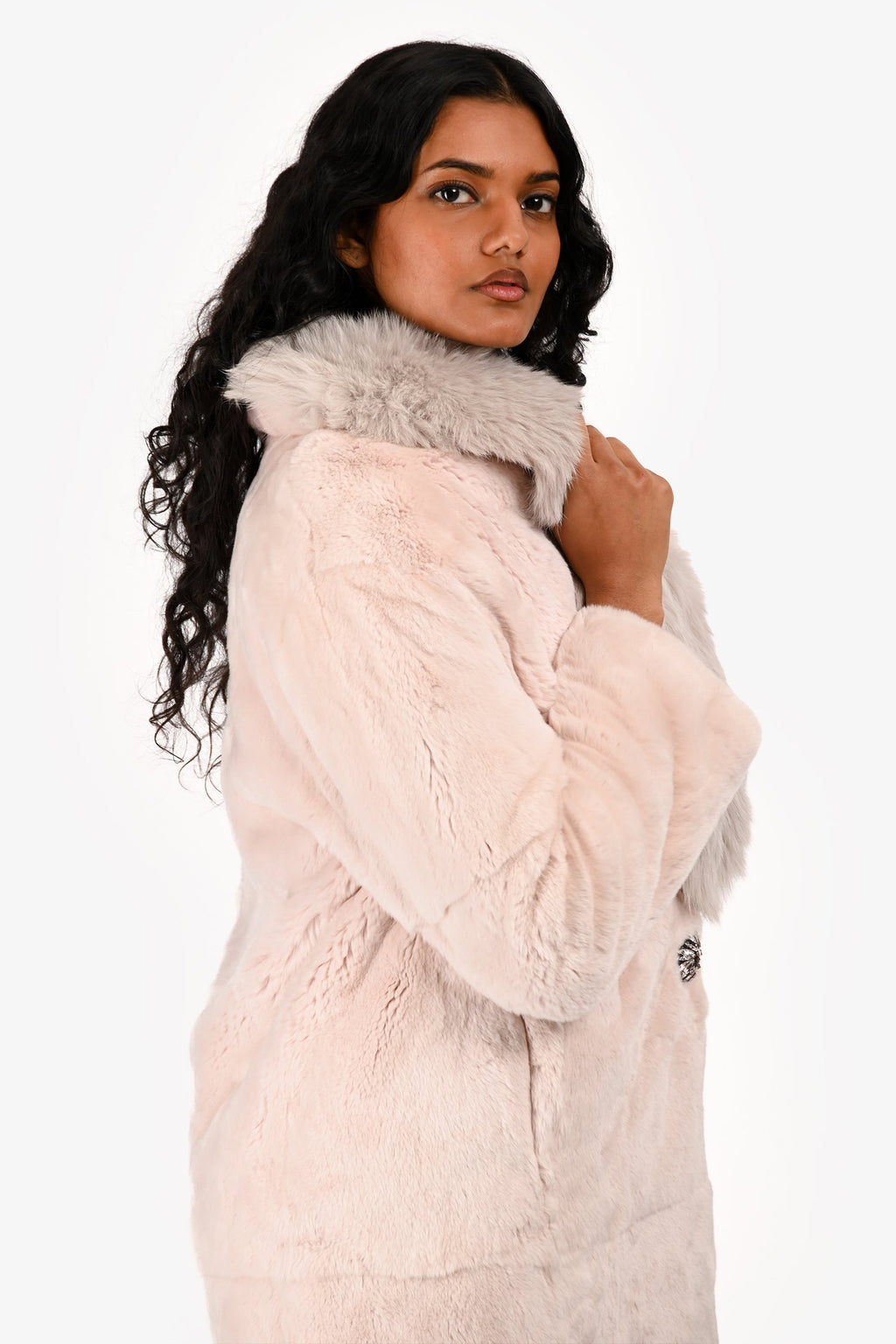 Miu Miu 2015 Pink Rabbit Fur Grey Fox Collared Coat Size 40