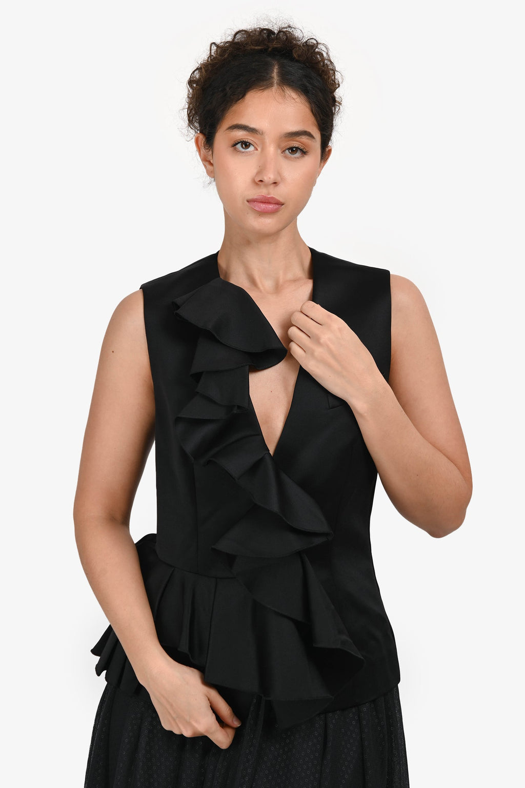 Viktor & Rolf Black Satin Ruffle Sleeveless Top Size 42