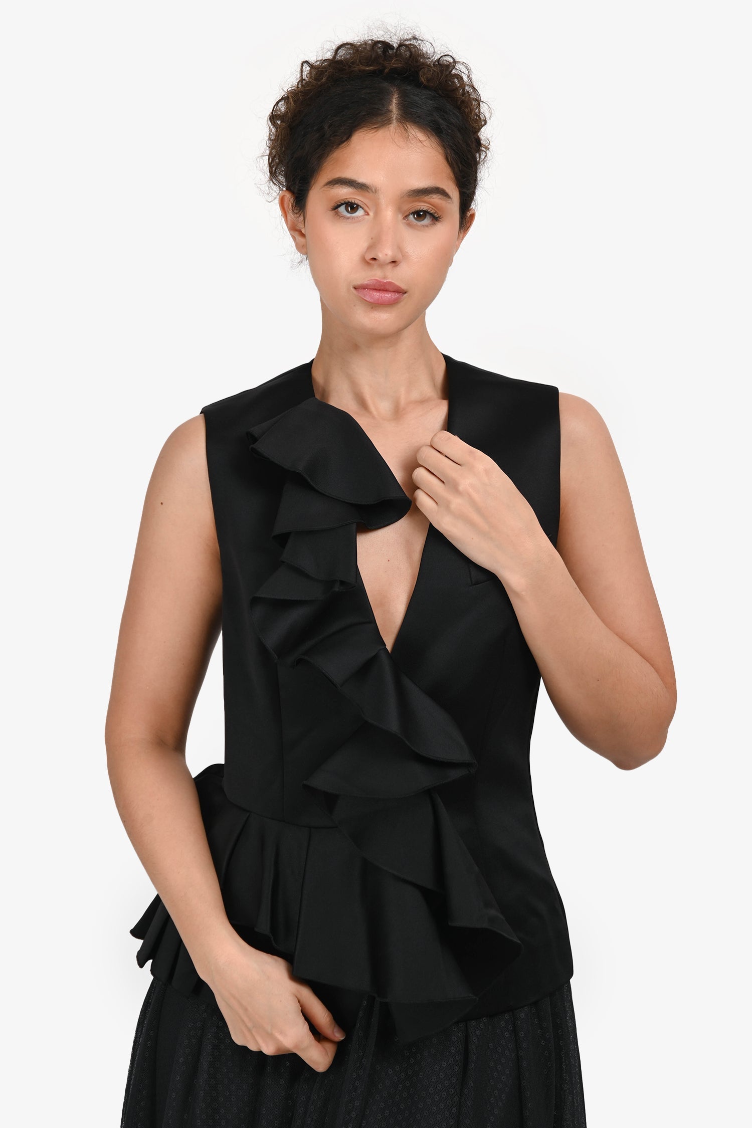 Viktor & Rolf Black Satin Ruffle Sleeveless Top Size 42