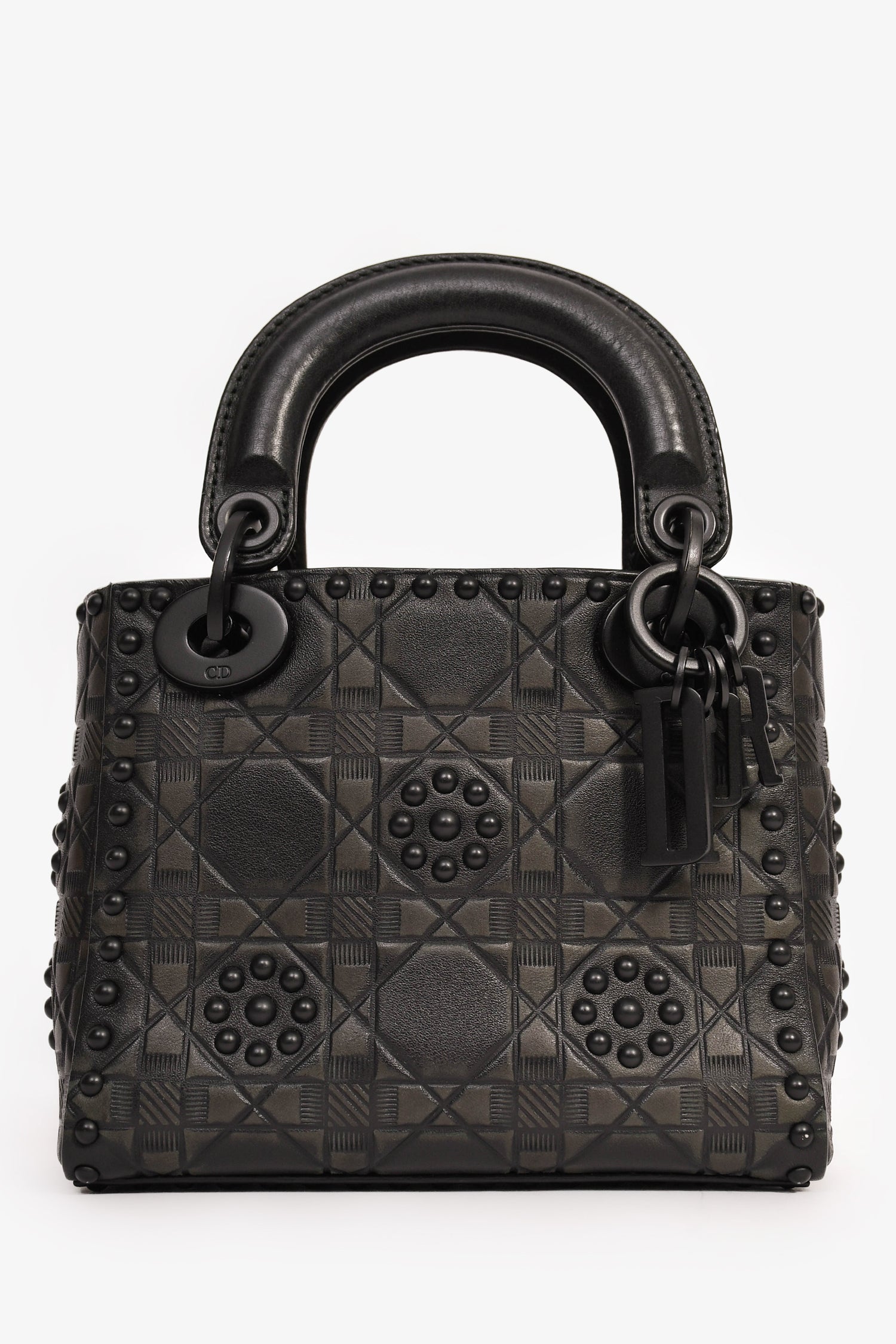 Christian Dior 2018 Black Embellished Cannage Mini Lady Dior Top Handle with Chain Strap