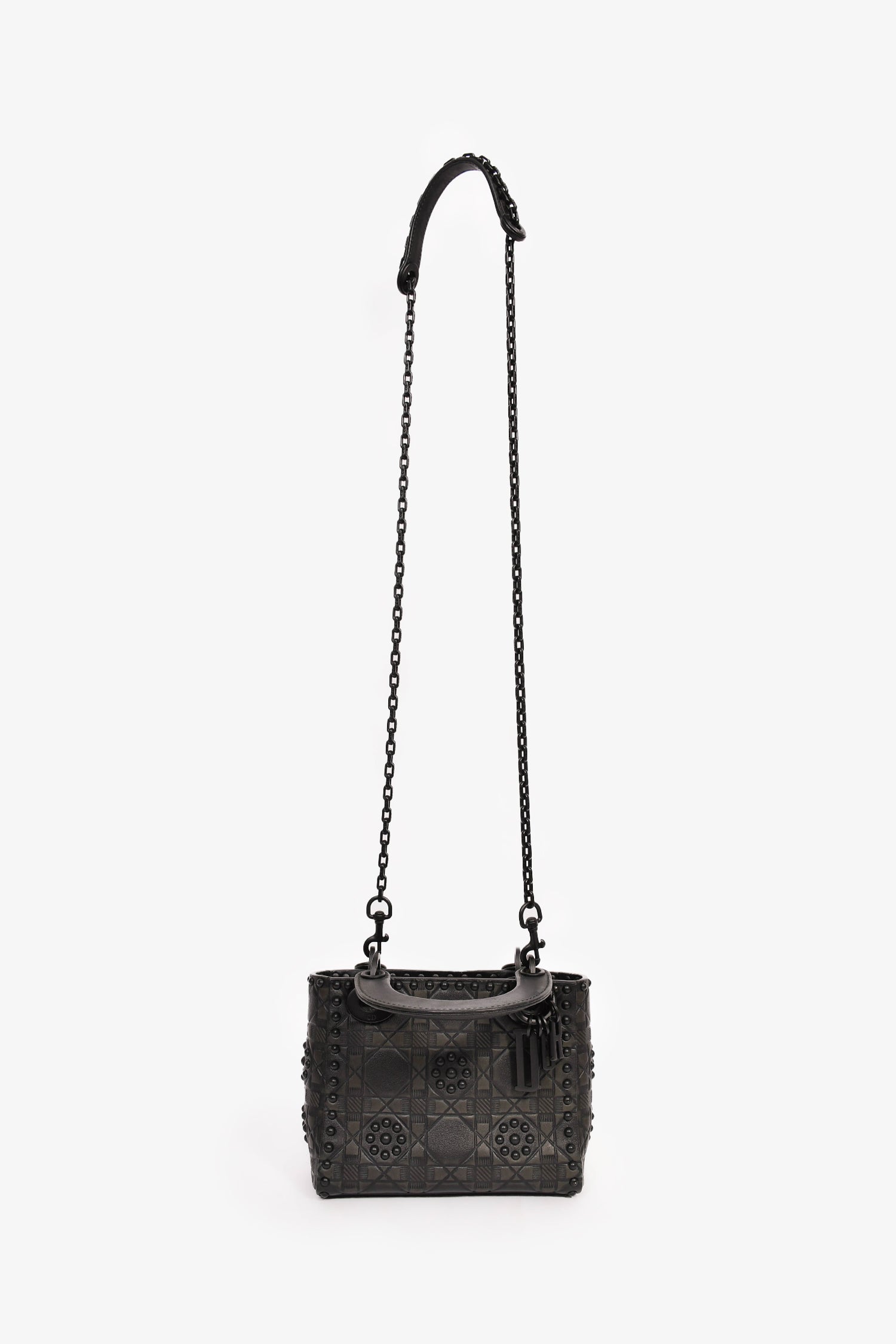 Christian Dior 2018 Black Embellished Cannage Mini Lady Dior Top Handle with Chain Strap