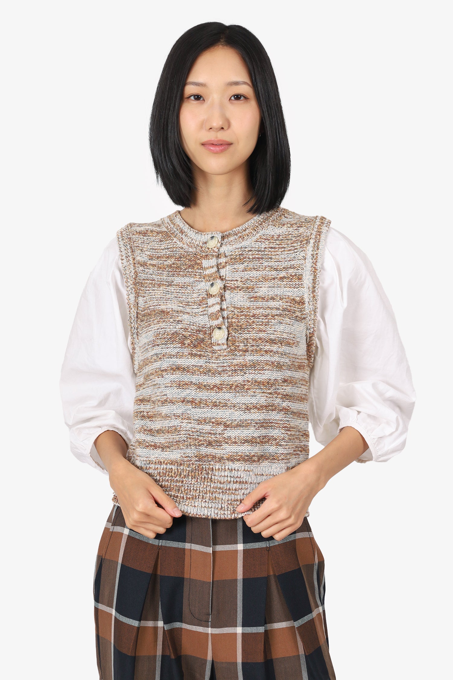 Veronica Beard Brown/White Knit Puff Sleeve Top Size S
