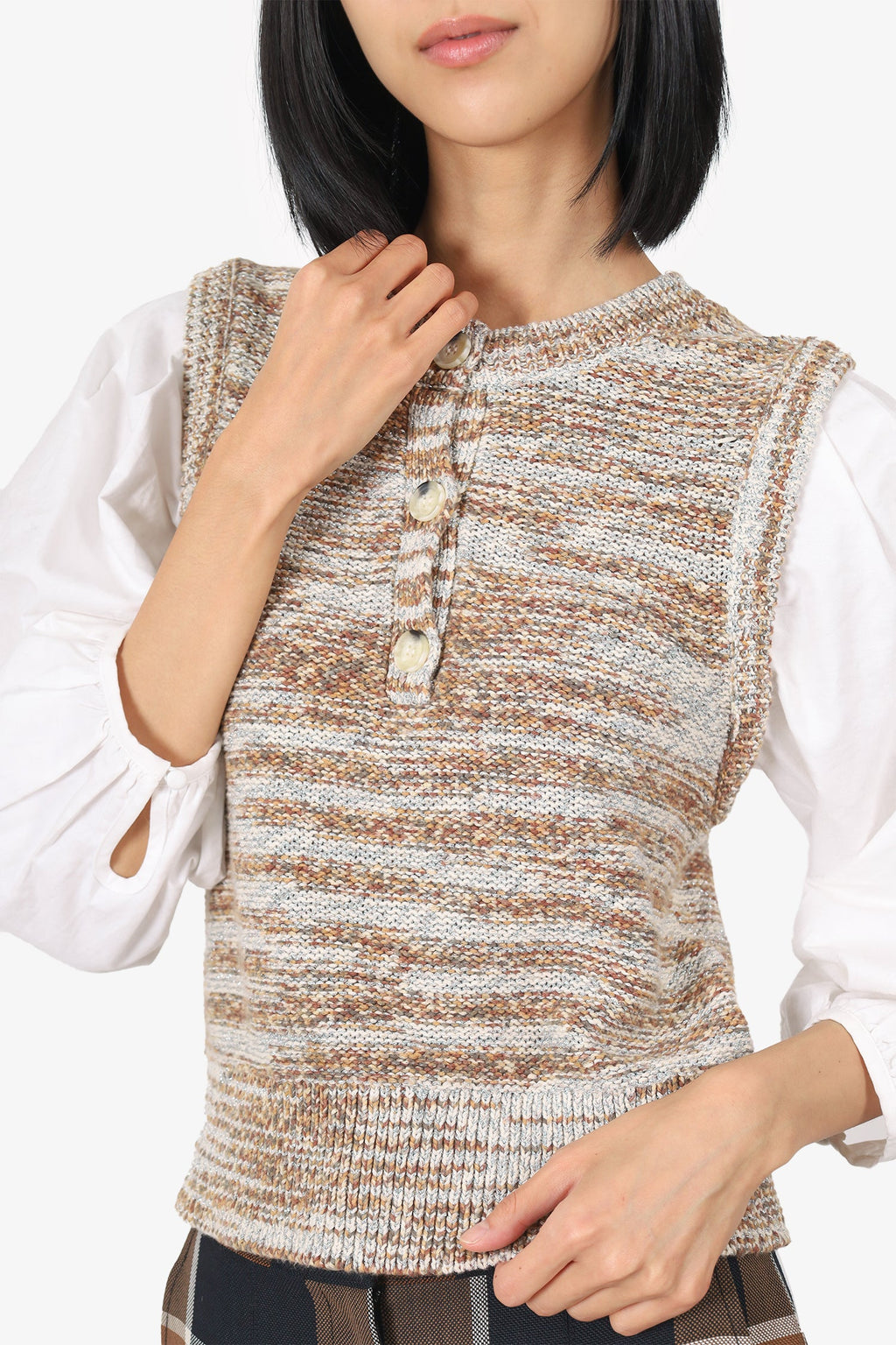 Veronica Beard Brown/White Knit Puff Sleeve Top Size S
