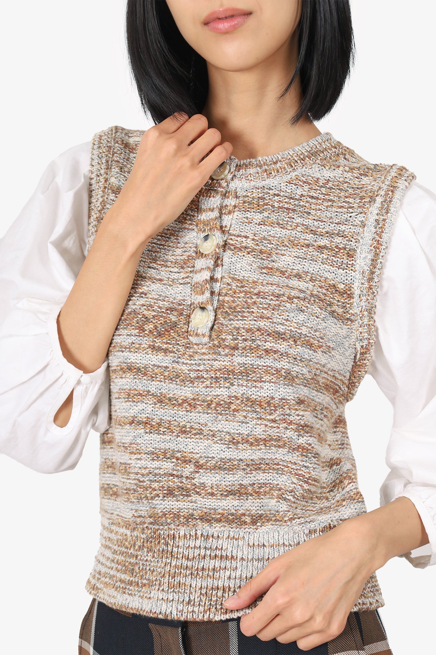 Veronica Beard Brown/White Knit Puff Sleeve Top Size S