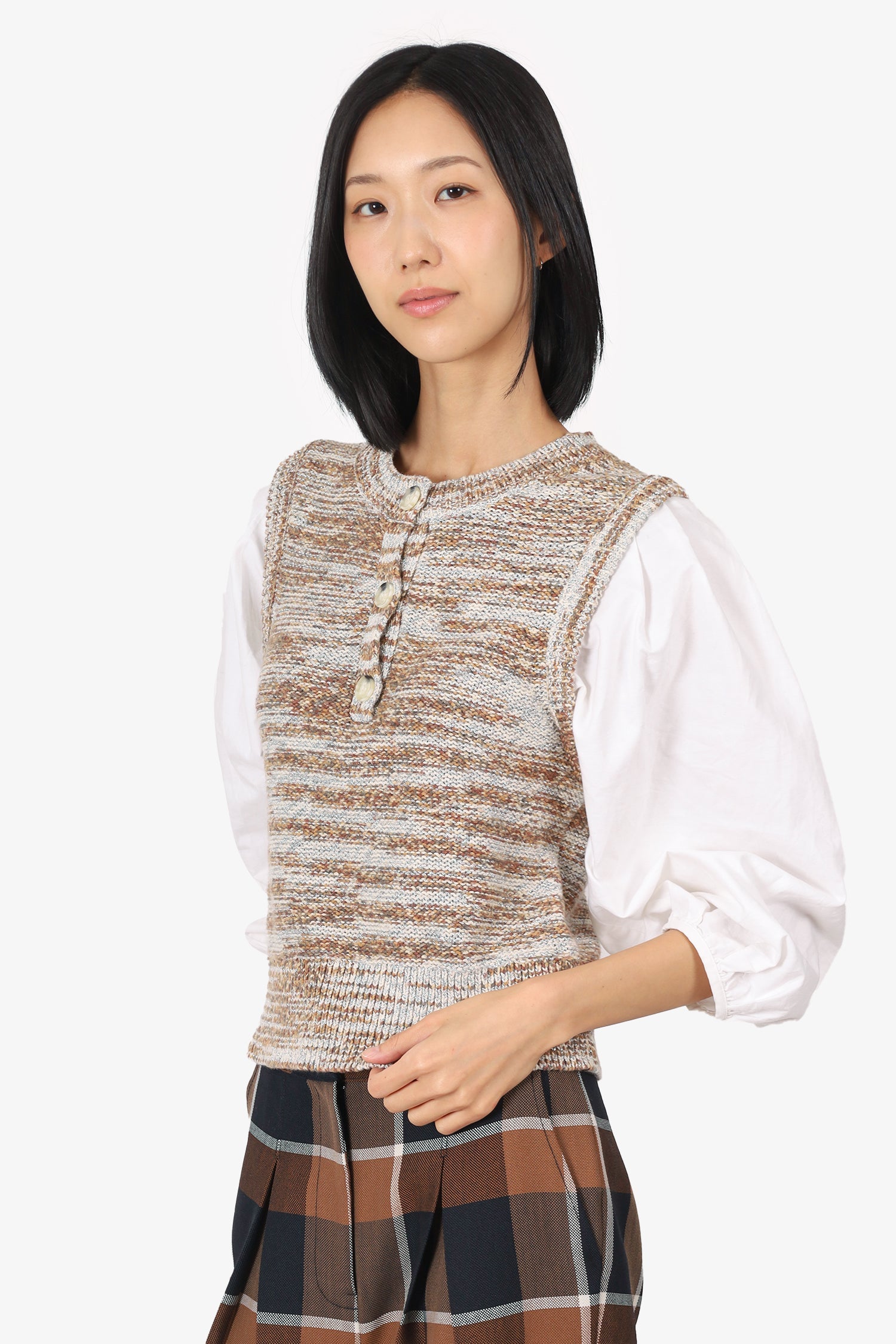 Veronica Beard Brown/White Knit Puff Sleeve Top Size S