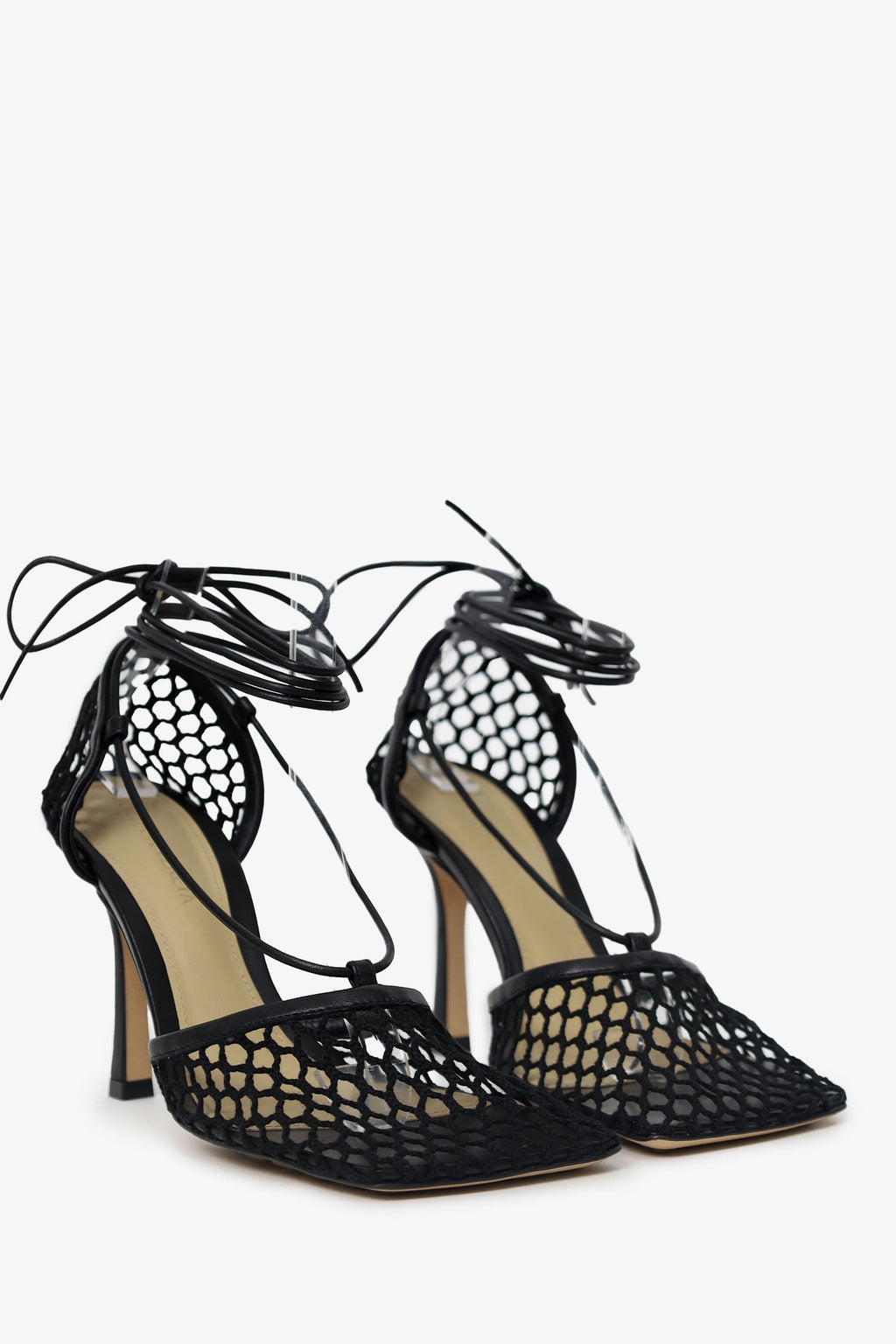 Bottega Veneta Black Stretch Lace Up Net Heels Size 36.5