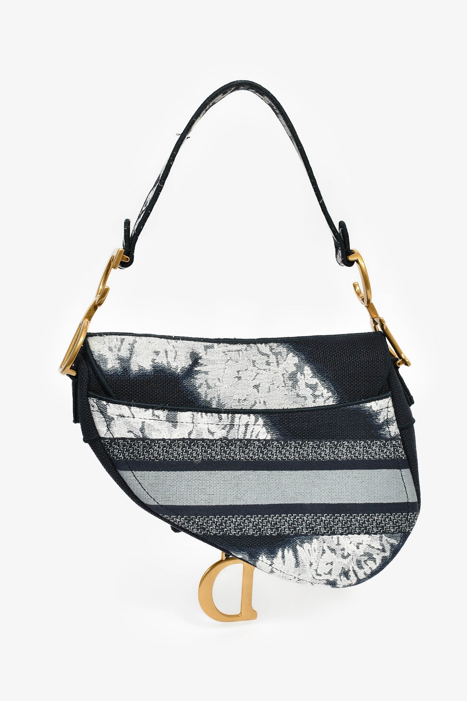 Christian Dior 2020 Navy Blue/White Embroidered Jacquard Saddle Bag