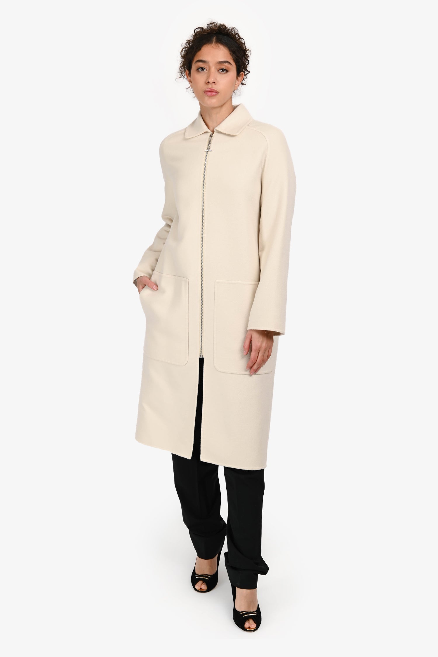 Hermès White Cashmere Long Collared Coat Size 34
