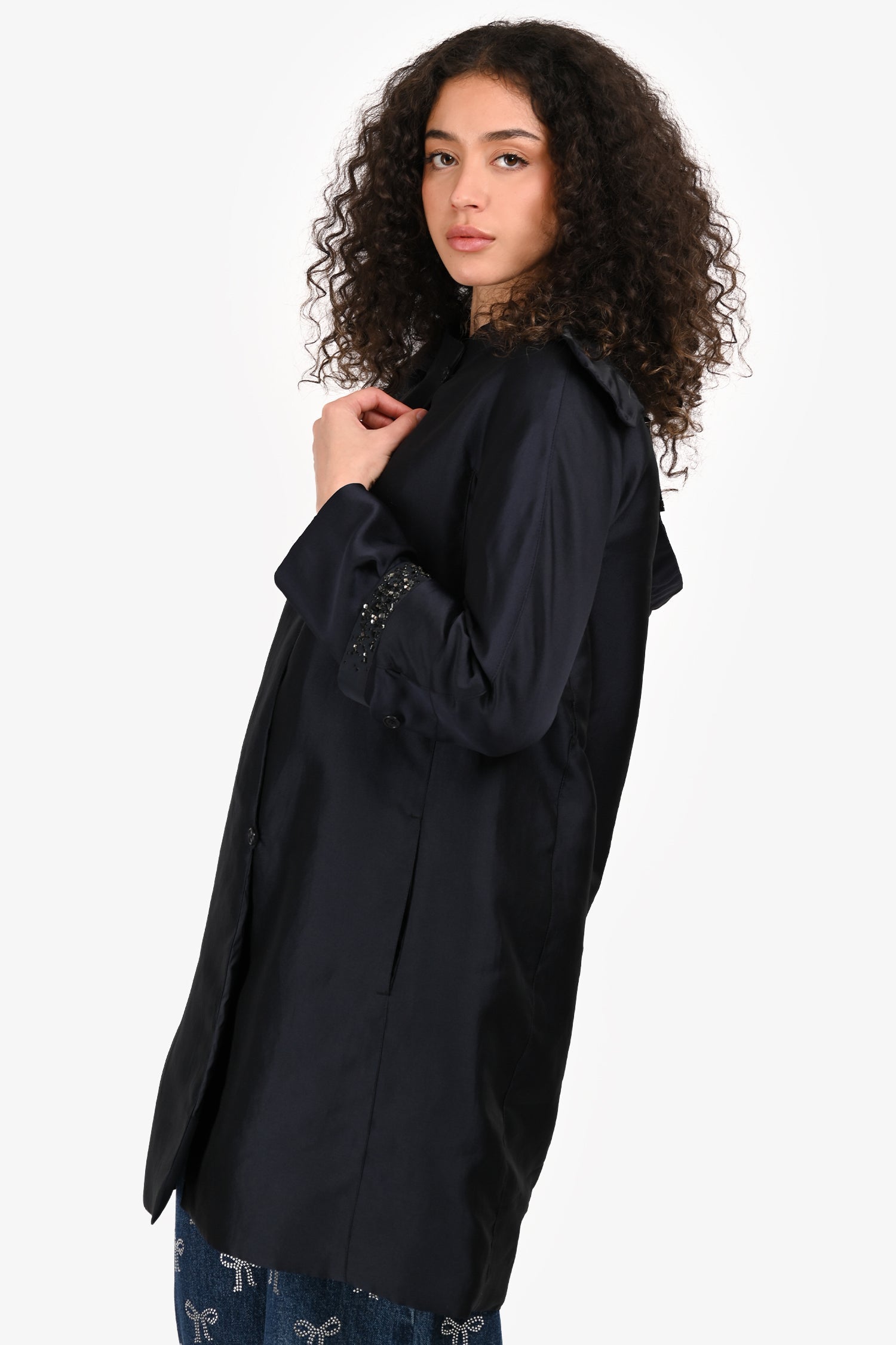 'S Max Mara Blue Crystal Embellished Jacket with Detachable Hood Size 4