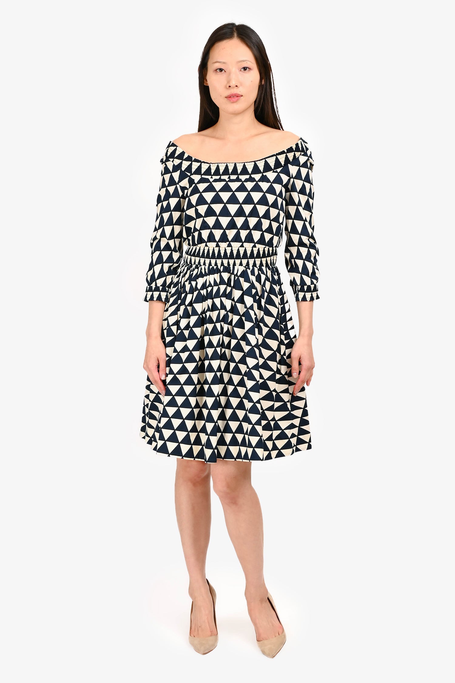 Prada Navy/White Cotton Triangle Pattern Knee Length Long Sleeve Dress Size 40