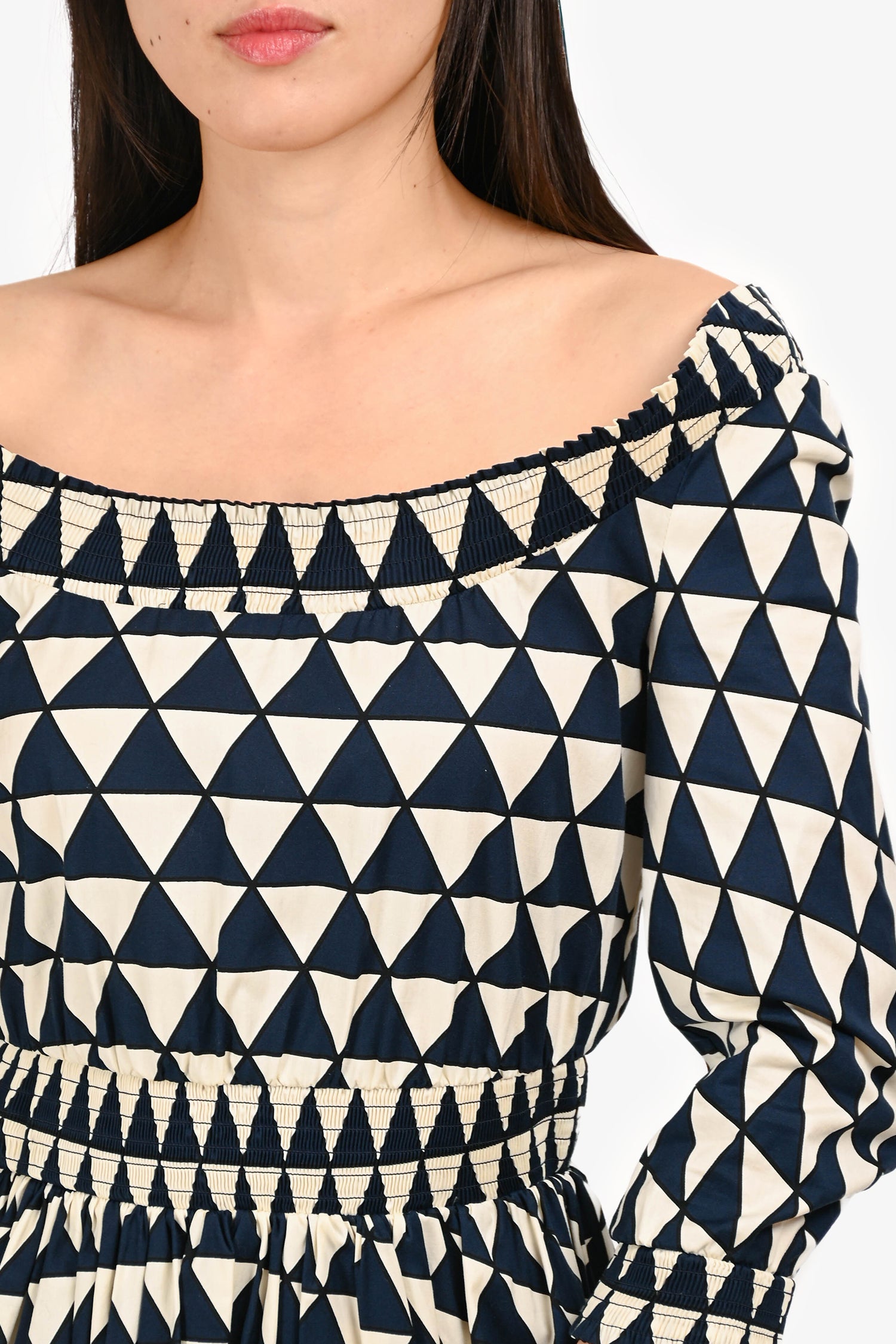 Prada Navy/White Cotton Triangle Pattern Knee Length Long Sleeve Dress Size 40