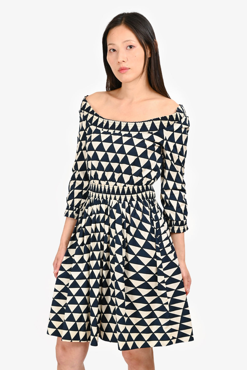 Prada Navy/White Cotton Triangle Pattern Knee Length Long Sleeve Dress Size 40