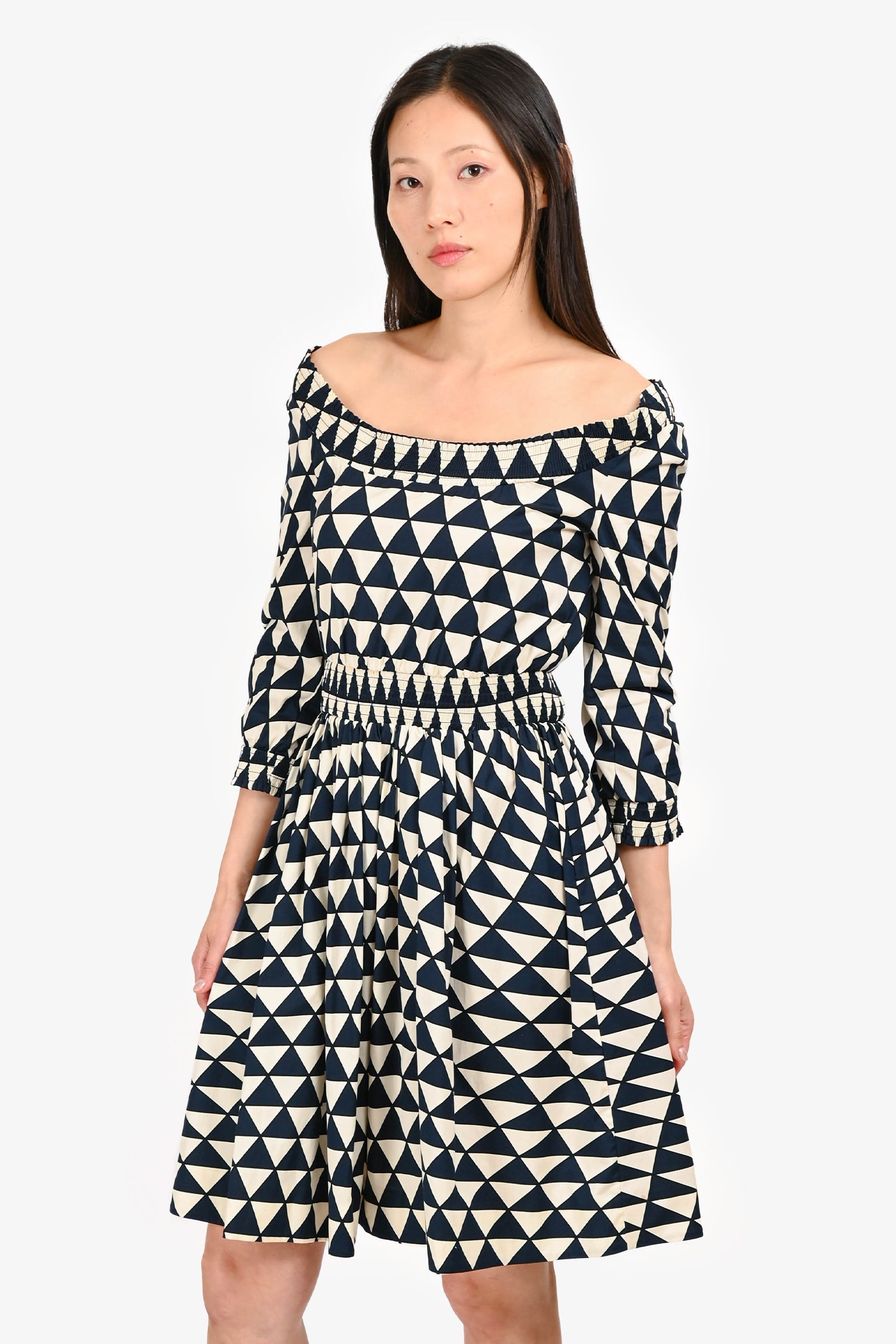 Prada Navy/White Cotton Triangle Pattern Knee Length Long Sleeve Dress Size 40