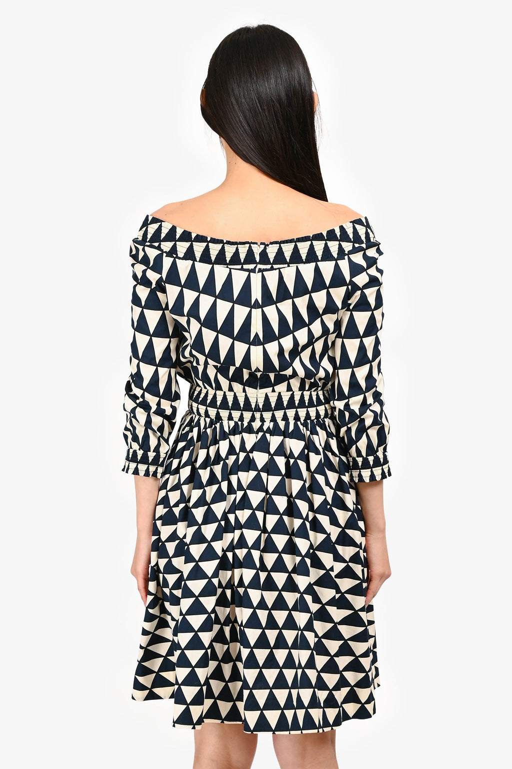 Prada Navy/White Cotton Triangle Pattern Knee Length Long Sleeve Dress Size 40