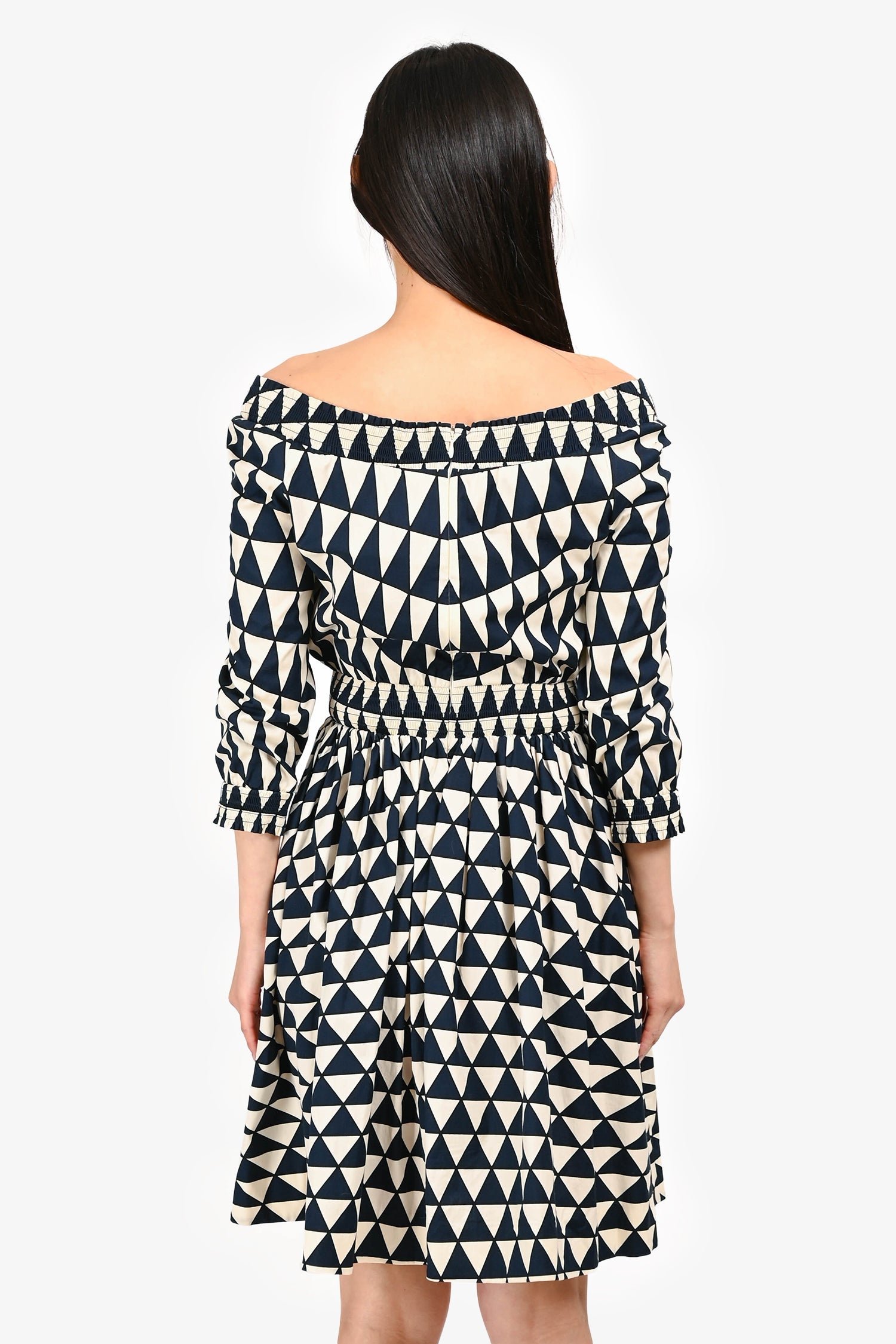 Prada Navy/White Cotton Triangle Pattern Knee Length Long Sleeve Dress Size 40