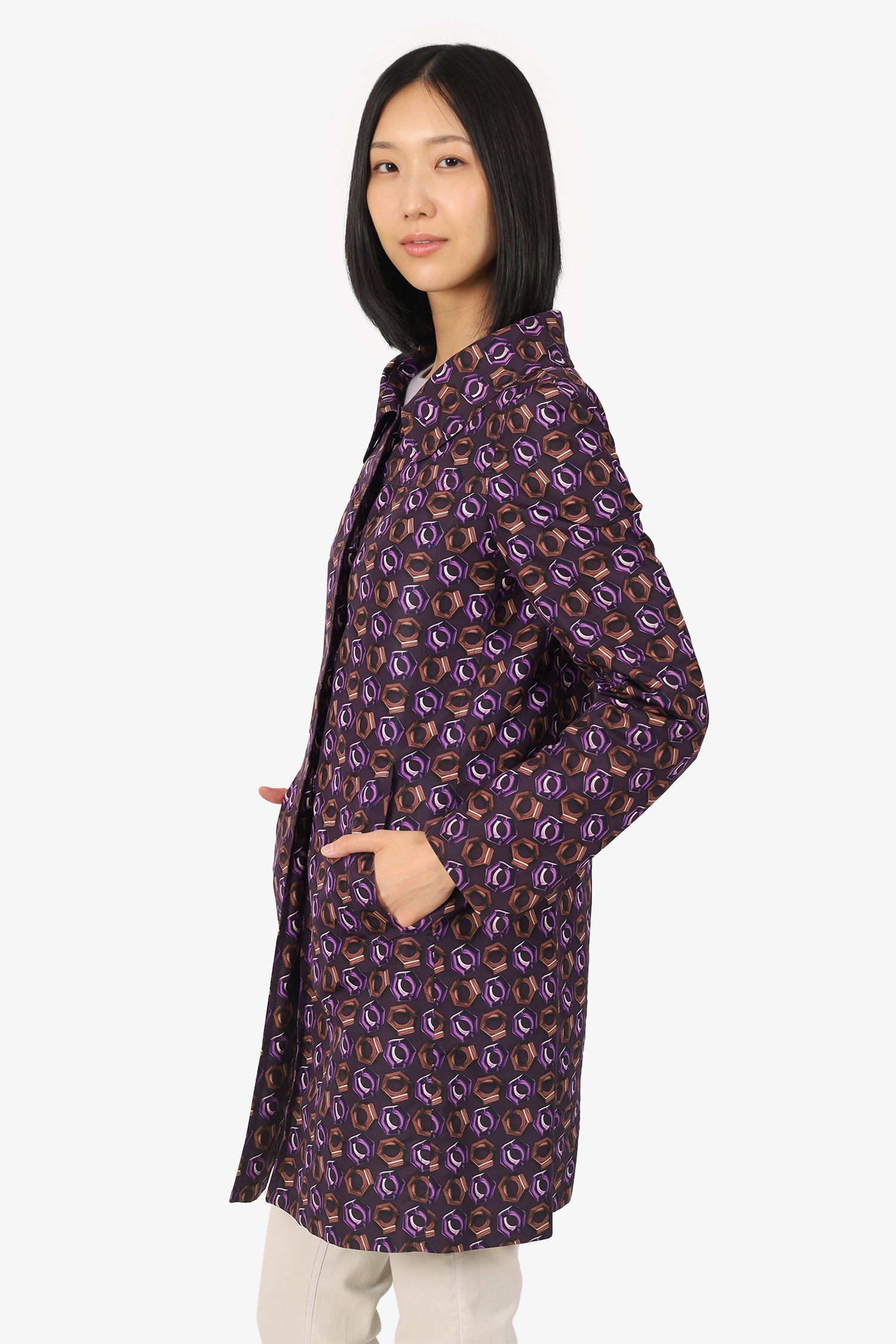 Prada Purple Silk Bolt Printed Satin Coat Size 42