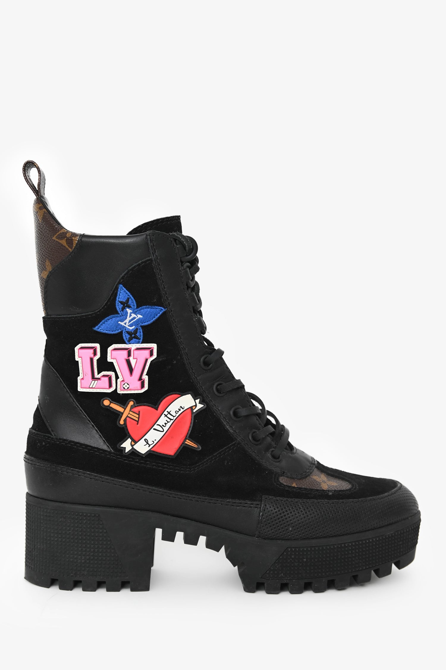 Louis Vuitton Black Suede Monogram Heart Patchwork Combat Boots Size 36.5