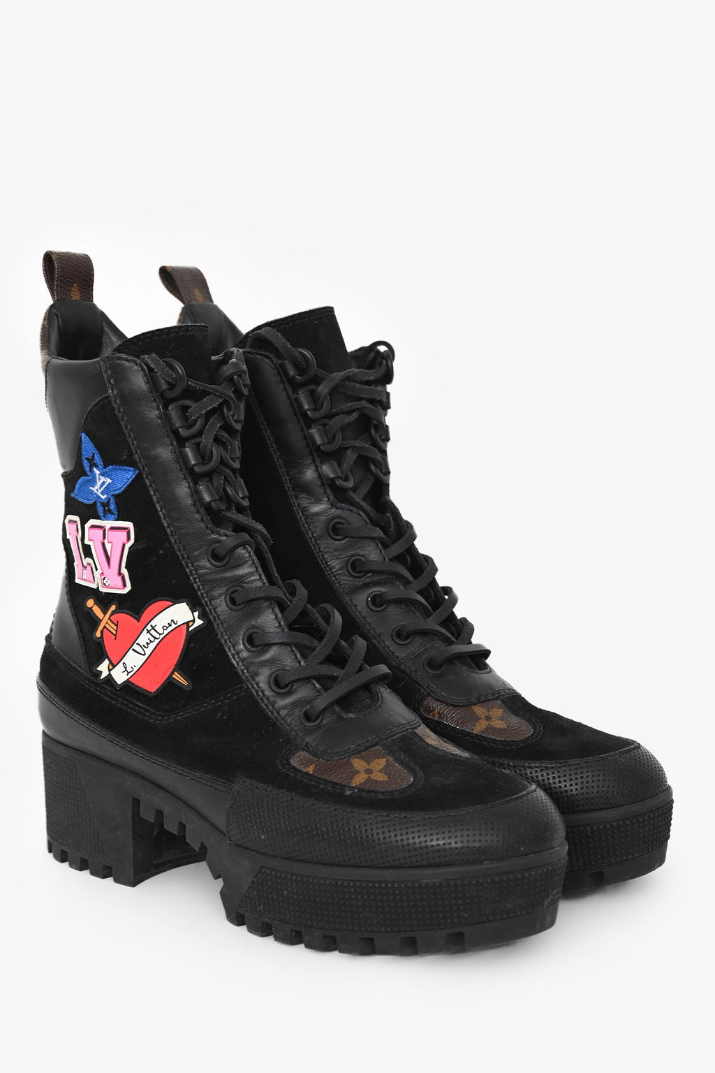 Louis Vuitton Black Suede Monogram Heart Patchwork Combat Boots Size 36.5