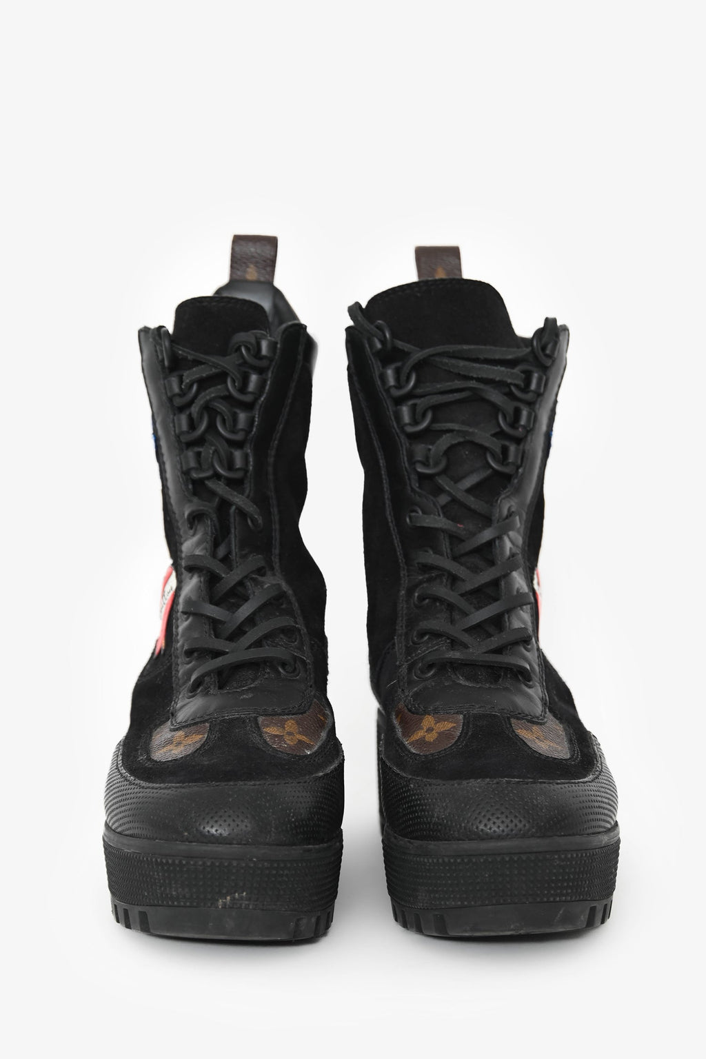 Louis Vuitton Black Suede Monogram Heart Patchwork Combat Boots Size 36.5