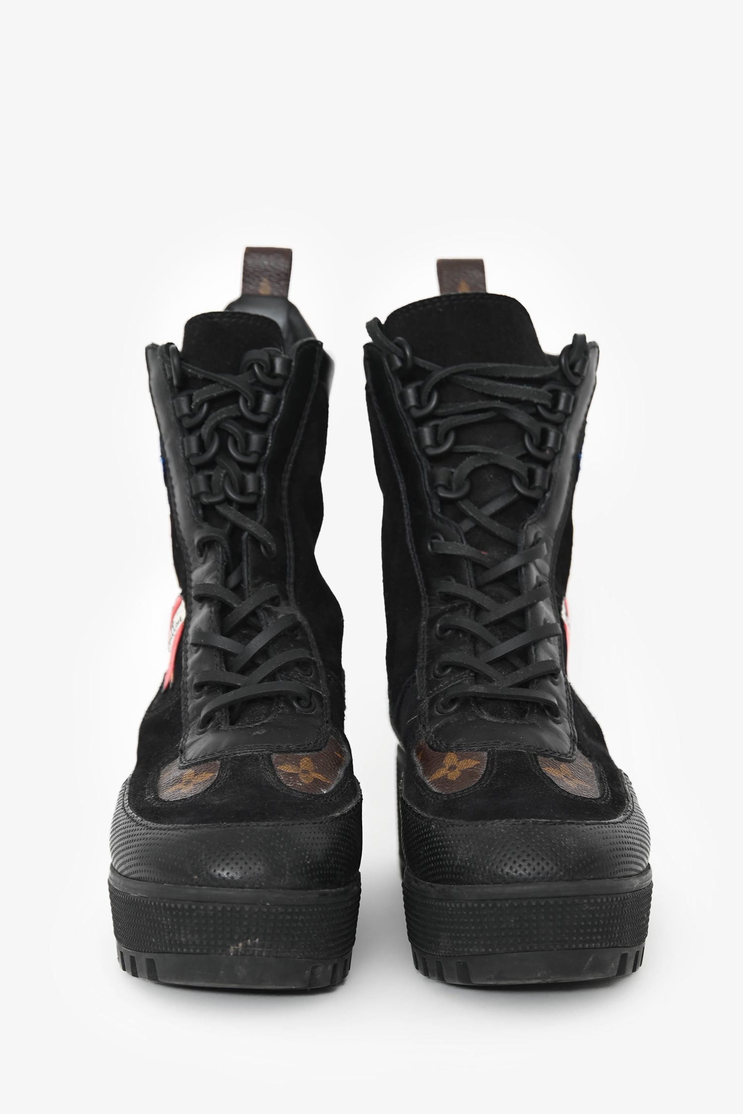 Louis Vuitton Black Suede Monogram Heart Patchwork Combat Boots Size 36.5