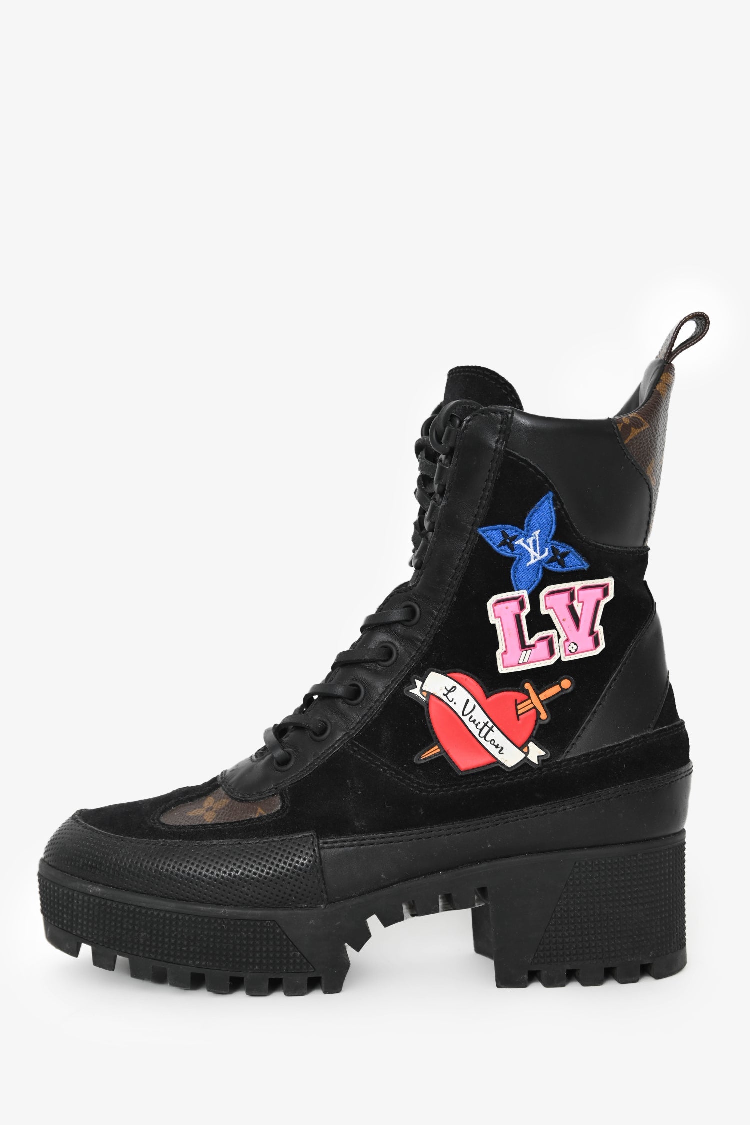 Louis Vuitton Black Suede Monogram Heart Patchwork Combat Boots Size 36.5