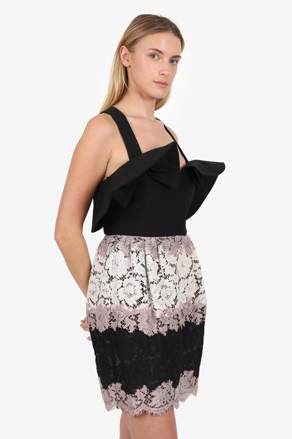 Valentino Black/Pink Bow Detail Sleeveless Lace Dress Size 42